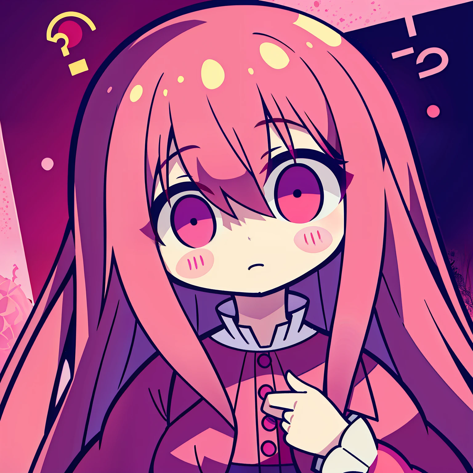 Pink hair and purple dress,dark red eye,Wearing JK,long whitr hair,question mark