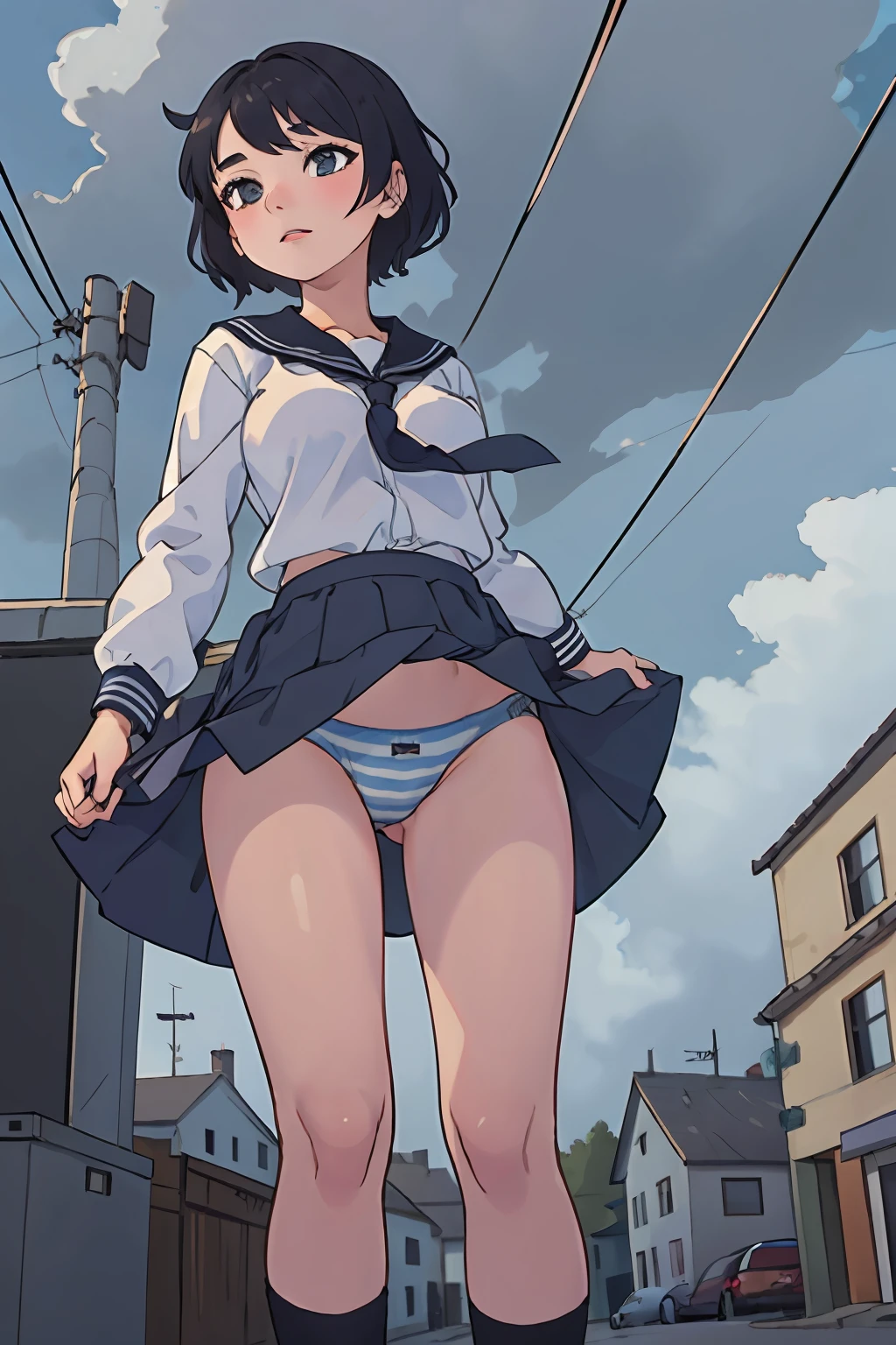 masterpiece:1.2, best quality), (highly detailed:1.3), 1girl, from below, solo, school uniform, sky, cloud, black hair, wind lifting skirt, striped panties, skirt, sailor collar, looking at viewer, short hair, building, stormy clouds, blue sky, power lines, shirt, cityscape, scenery, city, , closed mouth, black skirt, medium hair, WindyUpskirt