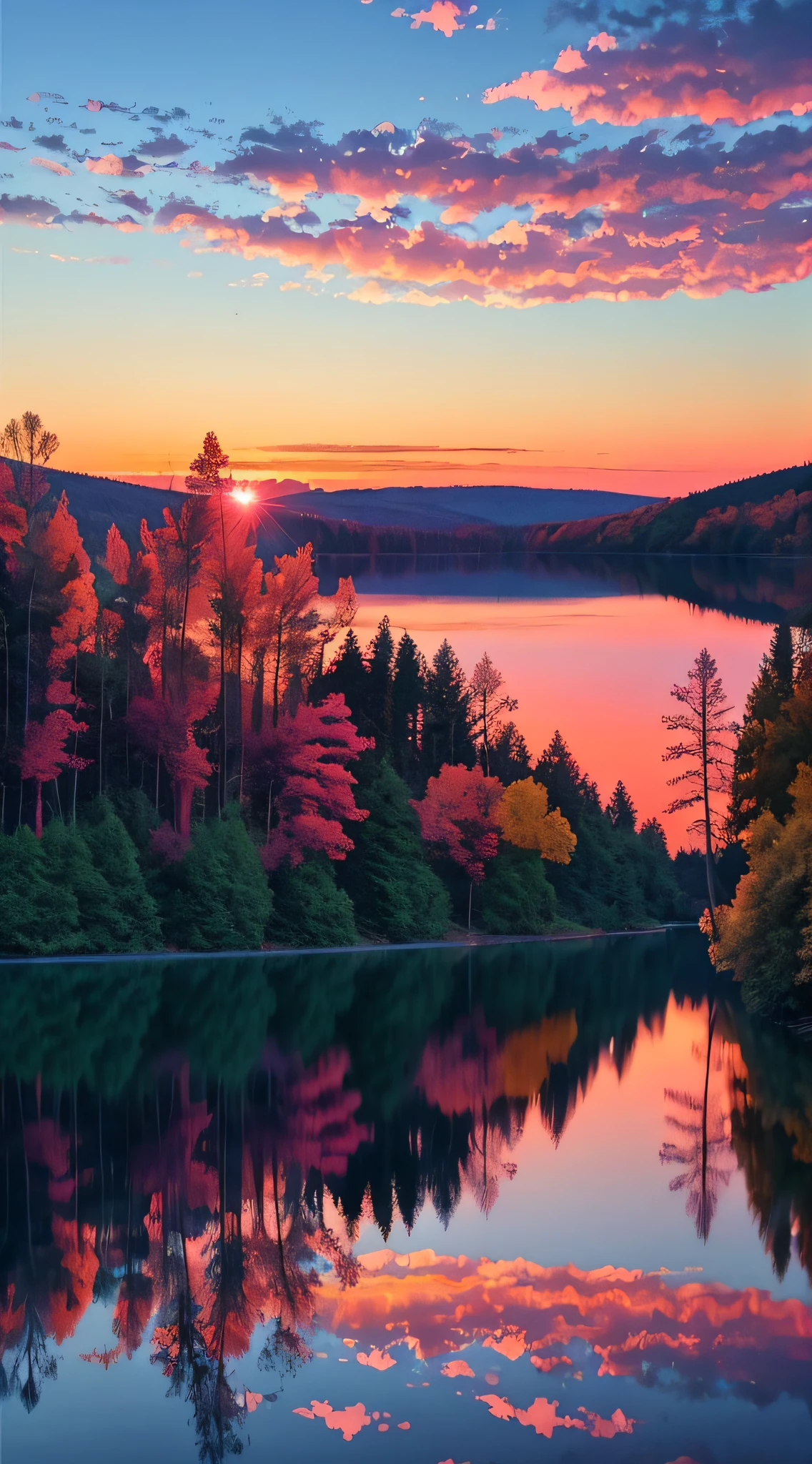 there is a beautiful sunset with a lake and trees in the background, colorful skies, surreal colors, colorful sunset, colorful sky, marvellous reflection of the sky, stunning sky, dream like atmosphere 8k, colorful clouds, colors reflecting on lake, surreal sky, red and blue reflections, fire reflection, beautiful sky, beautiful and spectacular dusk, beautiful dreamy landscape, amazing sky