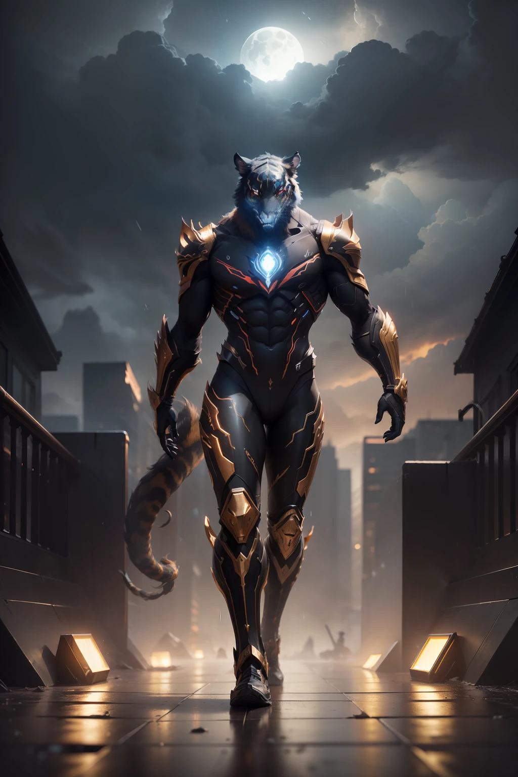 1 Tiger, beast, animal, WARFRAME, intricate pattern, energy lines, faceless, glowing eyes, elegant, intense, blood red and black uniform, solo, modern, city, streets, dark clouds, thunderstorm, heavy rain, dramatic lighting, (masterpiece:1.2), best quality, high resolution, beautiful detailed, extremely detailed, perfect lighting,(full body, (dynamic pose), action pose), (rim lighting, studio lighting, distant moon light, night, bloom), (cinematic, best quality, masterpiece, ultra HD textures, highly detailed, hyper realistic, intricate detail, 8k, photorealistic, concept art, matte painting, autodesk maya, vray render, ray tracing, hdr), (dslr, full frame, 16mm focal length, f/8 aperture, dynamic perspective, dynamic angle, golden ratio, wide photography, wide field of view, deep depth of field, zoom out)