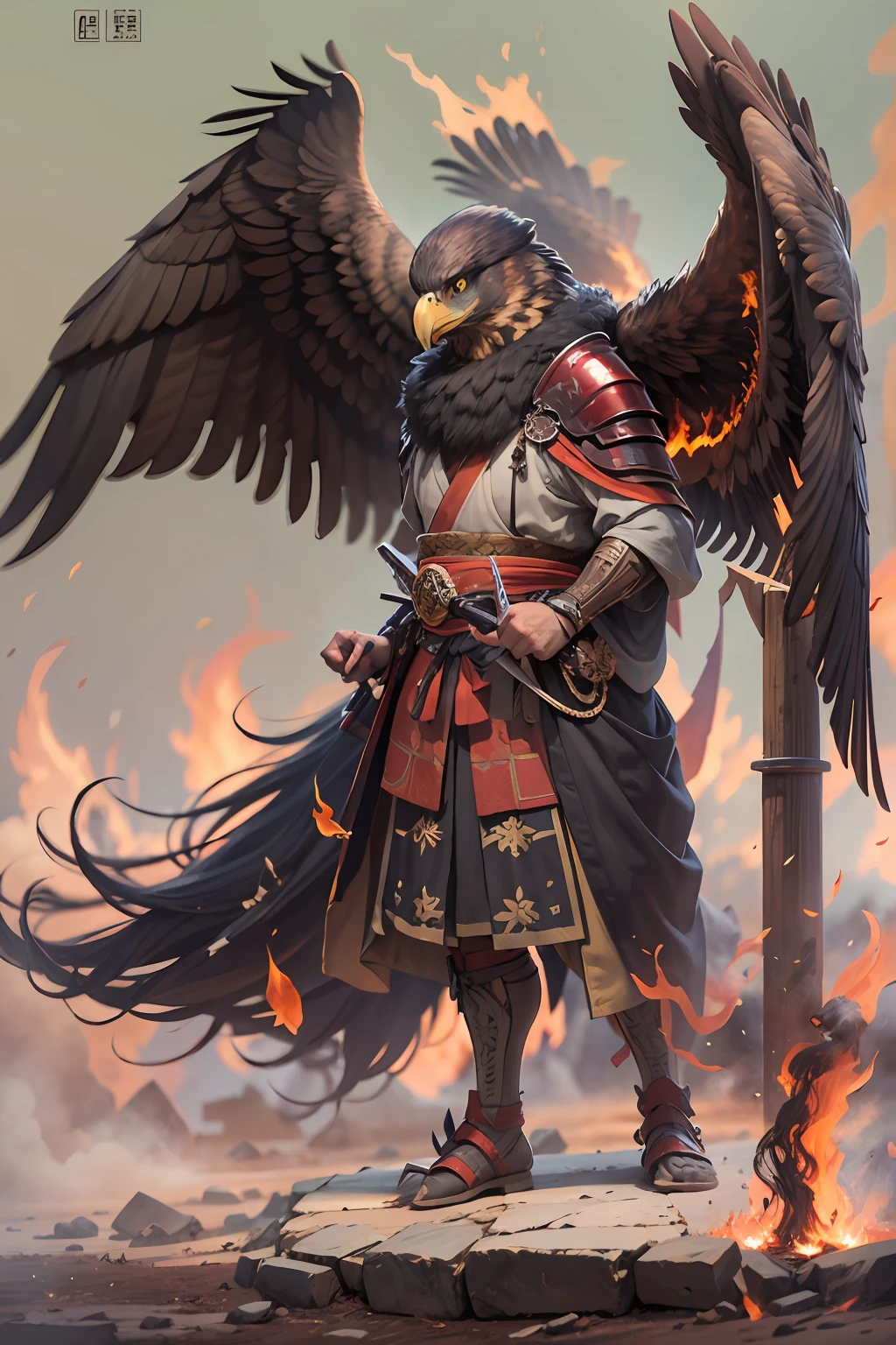 （anthropomorphic turtle），（Golden Eagle Samurai：1.4），Wide wings，feater，a tall body，Stout limbs，Look at me condescendingly，disdain，despise，The long hairs of the flame fluttered in the wind，combats，Dynamic lines，Dimly lit battlefield，fire glow，Ruined castle，（stereoscopic perspective：1.4），Works of masters，super-fine，4K分辨率，high qulity，电影灯光，High picture detail，Detailed pubic hair，Epic shooting，Clearly focused hair，Detailed hair depiction，acurate