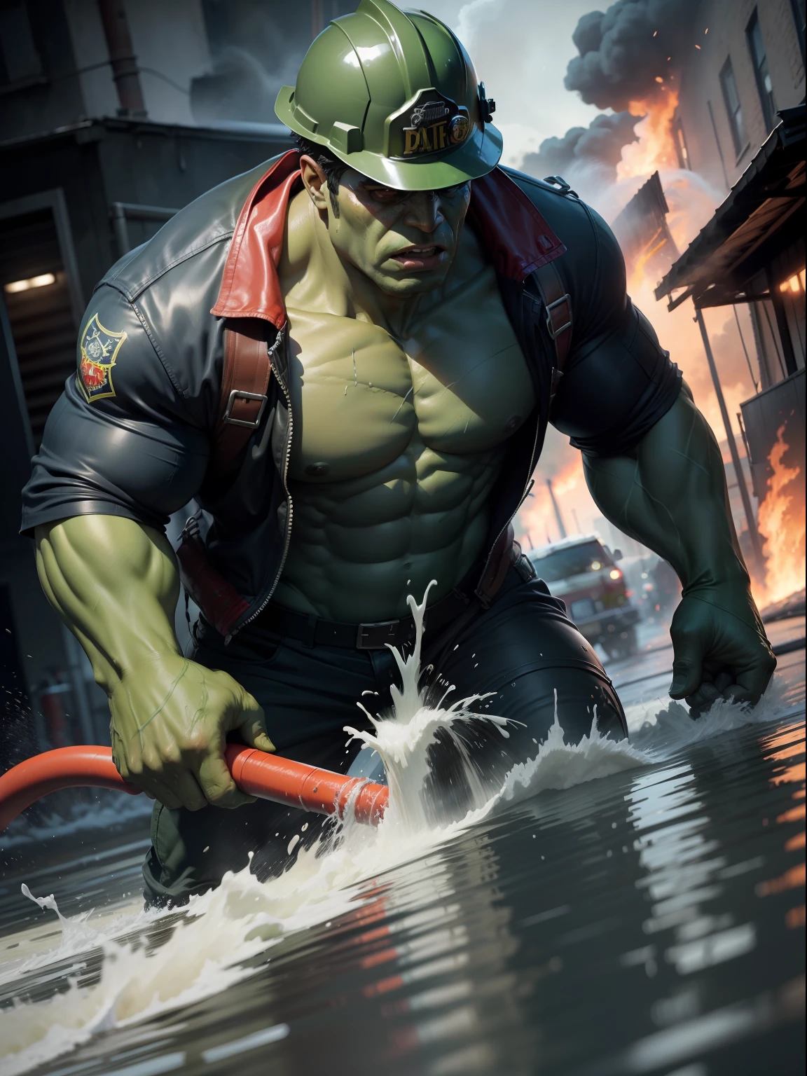 A Dramatic hulk as firefighter wearing firefighter uniform, jacket and helmet, pulled a big water hose, helping people take care of fire in the building, green skin, cinematic, extreem realistic, extreem detailed, extreem Sharp, full body shot