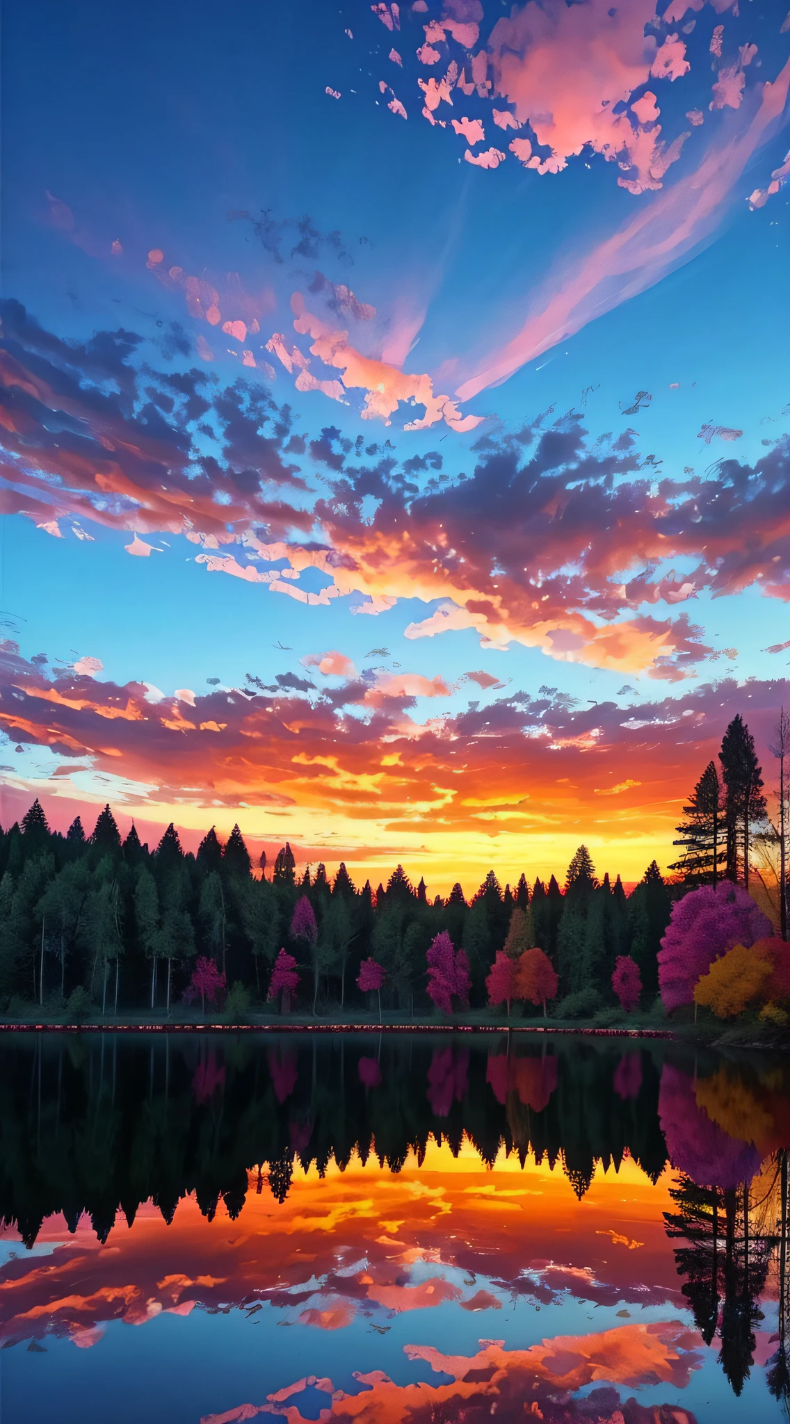 there is a beautiful sunset with a lake and trees in the background, colorful skies, surreal colors, colorful sunset, colorful sky, marvellous reflection of the sky, stunning sky, dream like atmosphere 8k, colorful clouds, colors reflecting on lake, surreal sky, red and blue reflections, fire reflection, beautiful sky, beautiful and spectacular dusk, beautiful dreamy landscape, amazing sky