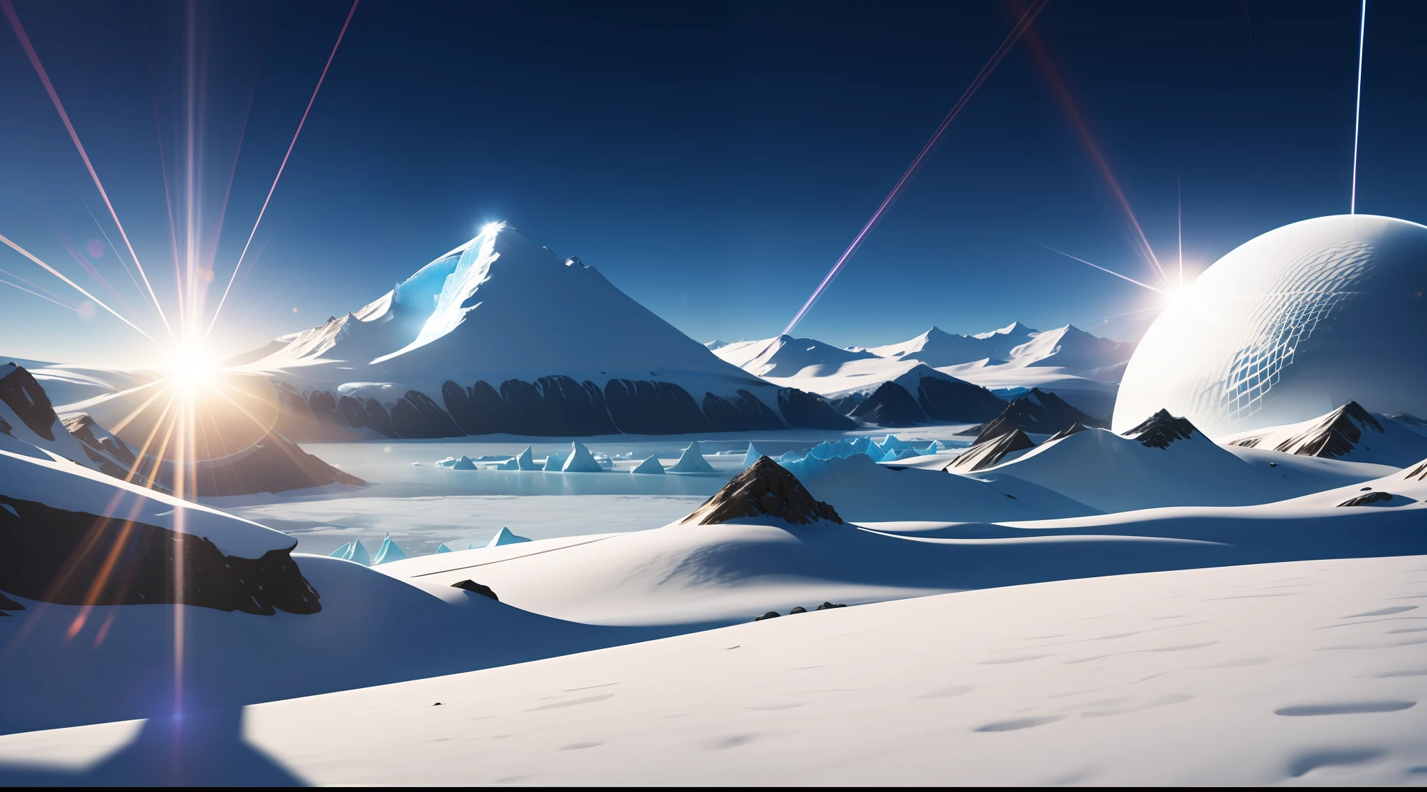 Science fiction, No Man, movie level lighting, A town under a huge pure white hemispherical dome, The dome blocked the entire town, Outside the dome is a large glacier, in a panoramic view, landscape, Nature, scenery, view over city, ultra-wide-angle, Tindal effect, Ambiance Lighting, Contour light, Background light, voluminetric lighting, lens flare glow, Light leakage effect, noon,
