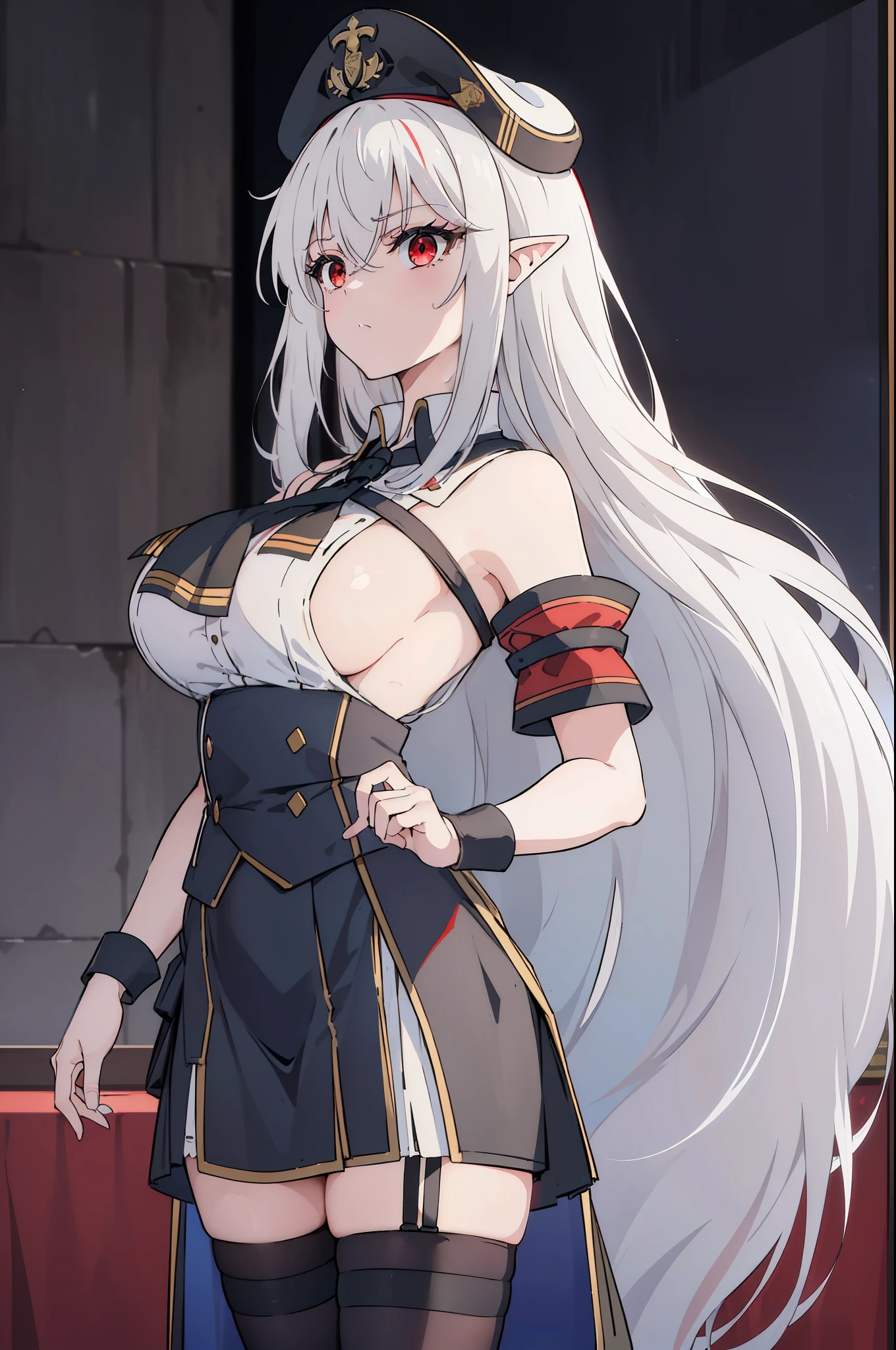 (masterpiece), best quality, expressive eyes, perfect face, 1girl, solo, medium height, young adult, young woman, big boobs, (long hair, white hair, side locks, bangs, wavy hair), (red eyes, death glare, serious, menacing, leadership aura, glowing eye), average height, medium height, heels, black skirt, white trims on skirt, (black sailor cap, captain's hat, black cap), (black cape, red underside of cape, accessories, medieval, 19th century, black sailor uniform, vintage styled outfits, white middle, red ribbon, (tie, badge, captain, soldier, fleet admiral, pointed ears, elf ears, pointed ear, bangs)