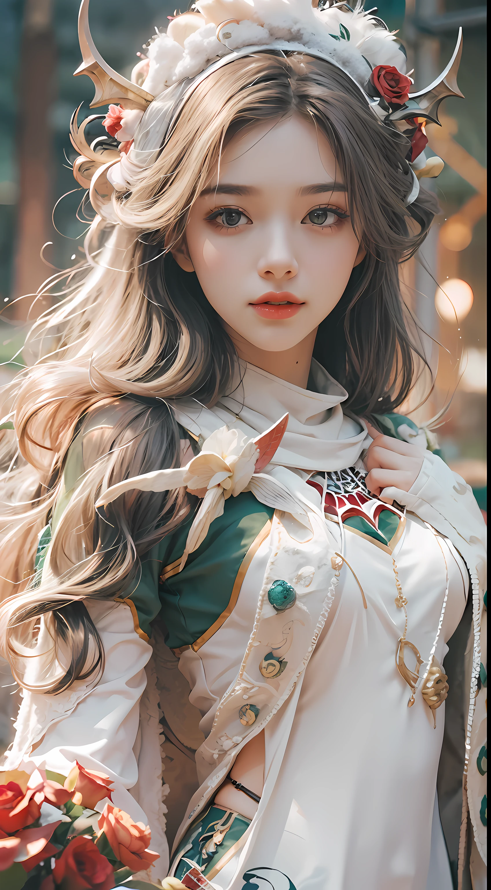 Exquisite scenes,depth of fields,8K,The ivory sky,White clouds,The sun shines on the snow-white sand。The coral sea,There are many small colorful shells on the beach,Red rose,Rose flower,tmasterpiece,k hd,Detailed details,Beautiful woman detailed defined body using spider man cosplay,grievance,Exquisite facial features,s the perfect face,White skin of the,long whitr hair,The background is a dragon,Hair bruising,Green clothes,The clothes were tightly wrapped,track pants,spiderman outfit,Cloak,Animal headdress