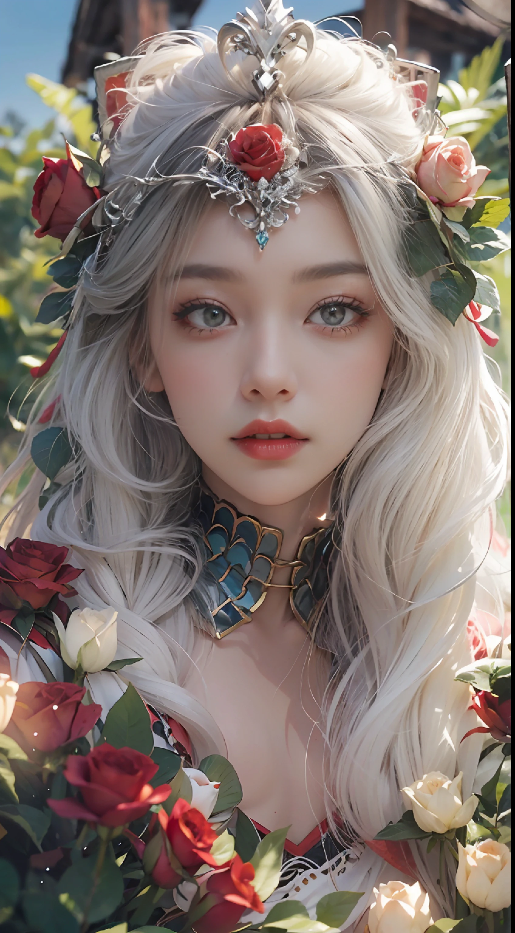 Exquisite scenes,depth of fields,8K,The ivory sky,White clouds,The sun shines on the snow-white sand。The coral sea,There are many small colorful shells on the beach,Red rose,Rose flower,tmasterpiece,k hd,Detailed details,Beautiful woman detailed defined body using spider man cosplay,grievance,Exquisite facial features,s the perfect face,White skin of the,long whitr hair,The background is a dragon,Hair bruising,Green clothes,The clothes were tightly wrapped,track pants,spiderman outfit,Cloak,Animal headdress