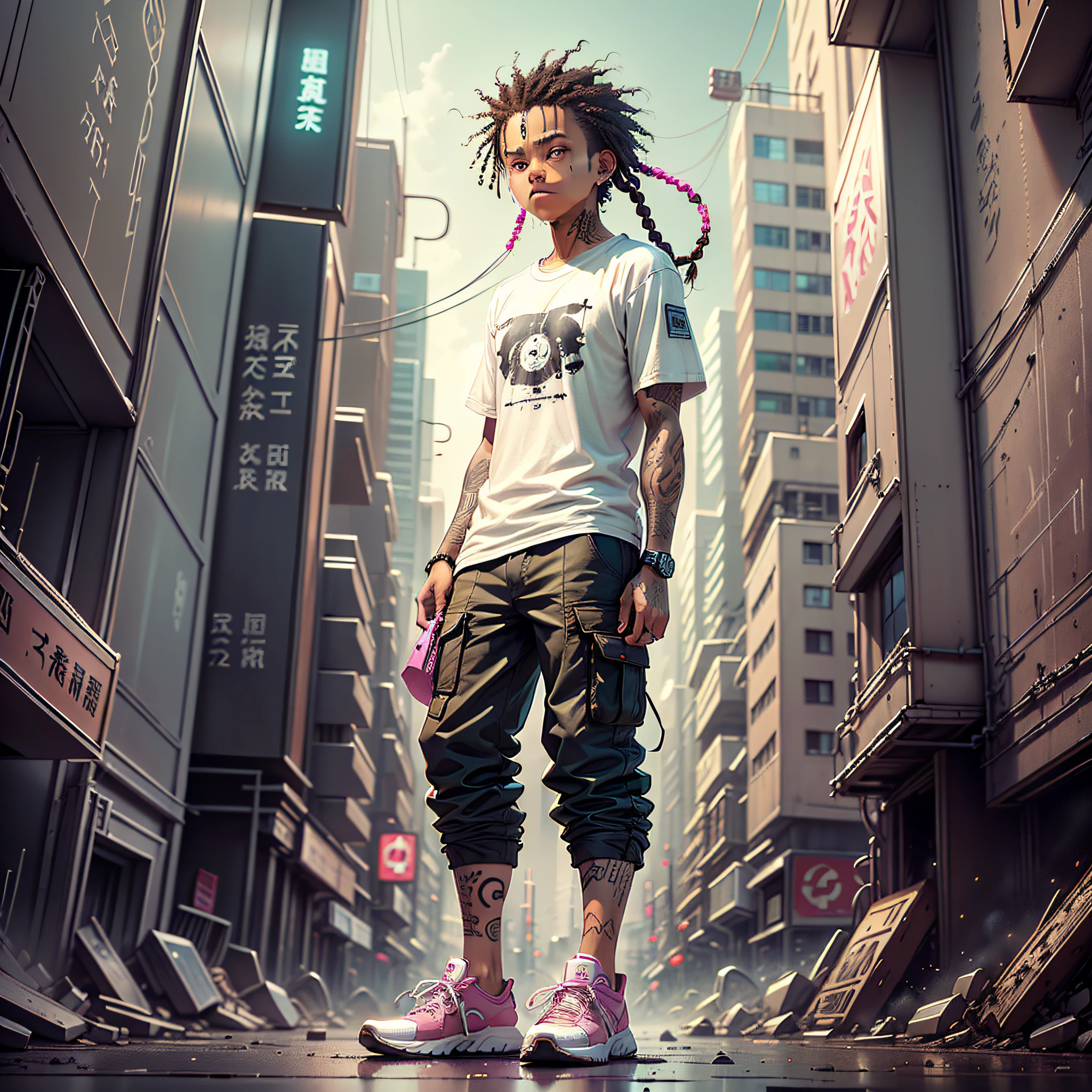 brown-skinned boy, nagô braid hair, eyes pulled, tattoos on arm, white oversized t-shirt, white cargo pants, shock pink sneakers, Japanese drawing style strokes, destroyed city, cyberpunk scenery and style, dark energy coming out through the arms