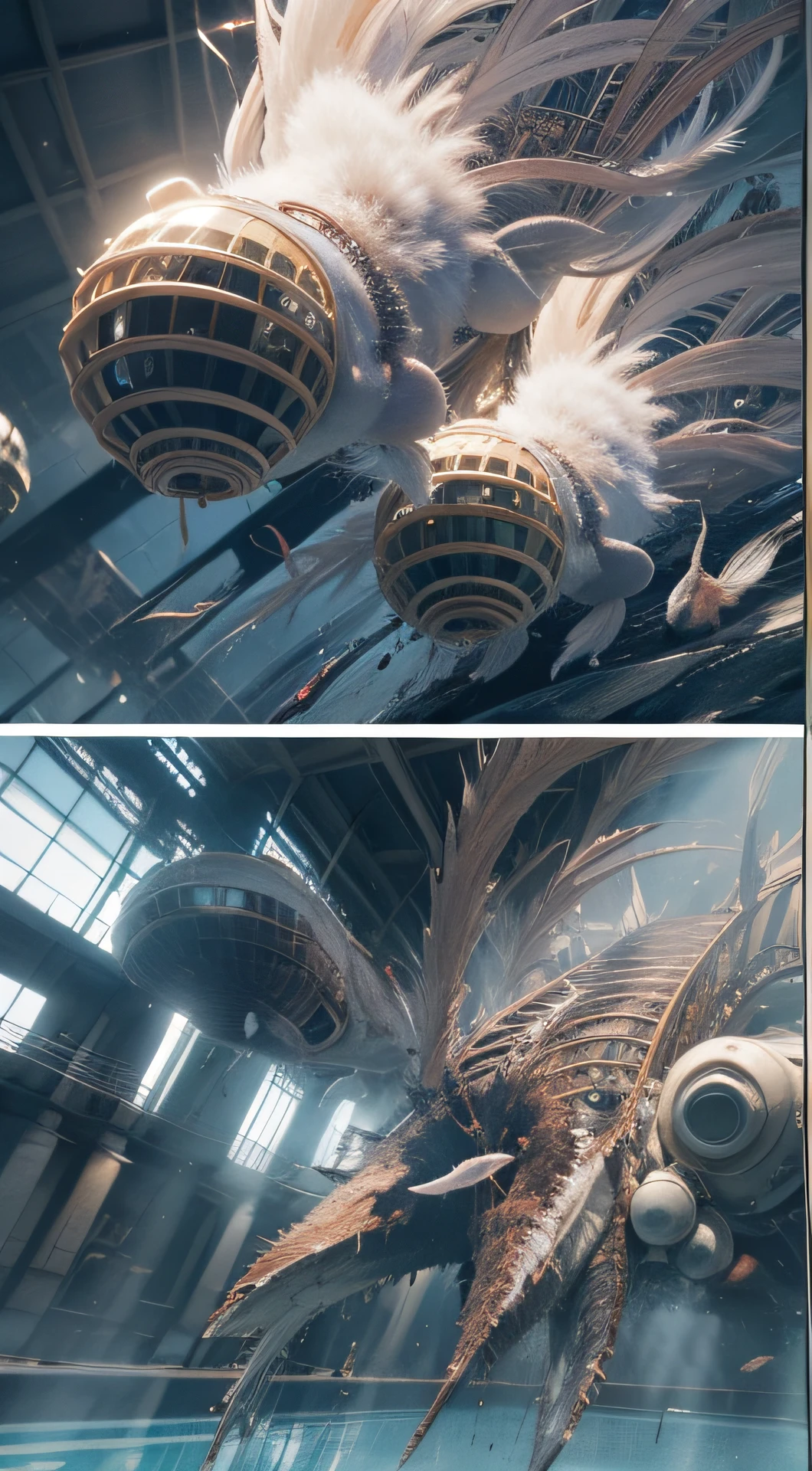 a heavily distorted, fading early morning clear sky, multiple sea creatures comprised of contorted feathers/machinery/pipes/rusted components is floating in the air, amorphous dark material is being warped and torn into remnants, extra detail, 4kHD details, best resolution, surrealistic composition, extreme view angle, motion blur, depth of field, foreshortening, tilted view angle, cinematic lighting, movie scene, precise details, intense details, panoramic image, image within image
