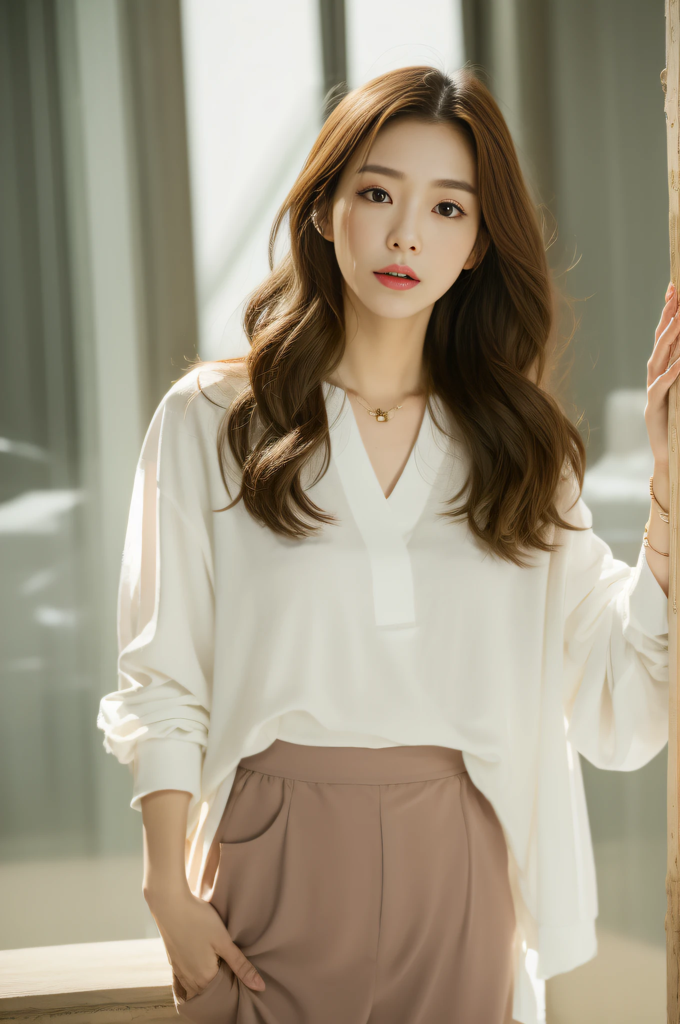 Casting Korean Actress,Casual day.,Wear a loose white shirt..,master-piece,shining,