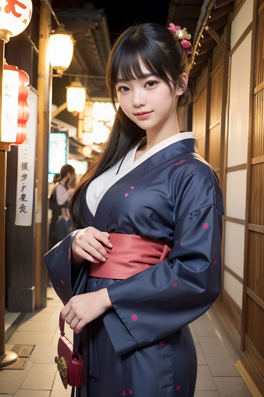 Photo Real、photoRealstic Dark hair、Japan hair ornament、Kanzashi、Fancy hair ornaments、Flashy kanzashi、Lots of bangs、hair adornments、Tied hair with round face、drooing eyes、a baby face、cheeks turn red、Smiling happily Brightly colored yukata robes、Japanese Yukata、Yukata with flashy pattern、Yukata with flashy illustrations、Yukata with prominent illustrations、Large belly roll hi-school girl、sixteen years old、japanes、skinny body、Beautiful skin、tiny body、Young Face、The figure of the girl Bold poses、Faces close、He enjoys、Frolic Pose、Frolicking、free pose、Adult Poses Background with、Summer Festivals、Midnight、skyrocket、Crowds、Crowded alleys、Alley where many people are walking、jpn