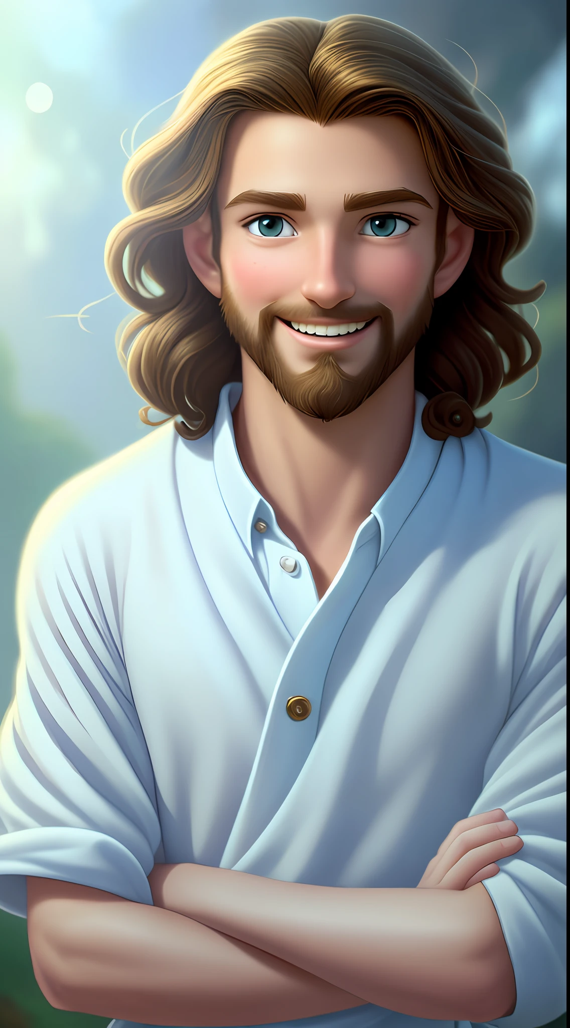 Original art quality, full body picture, Disney character animation style, young and handsome Jesus God, standing posture, hands naturally placed on both sides, looking ahead, gentle expression and smiling, eyes full of light, background light blue, translucent, with light as the theme, the focus of light is on the characters, the overall picture is fresh and bright.