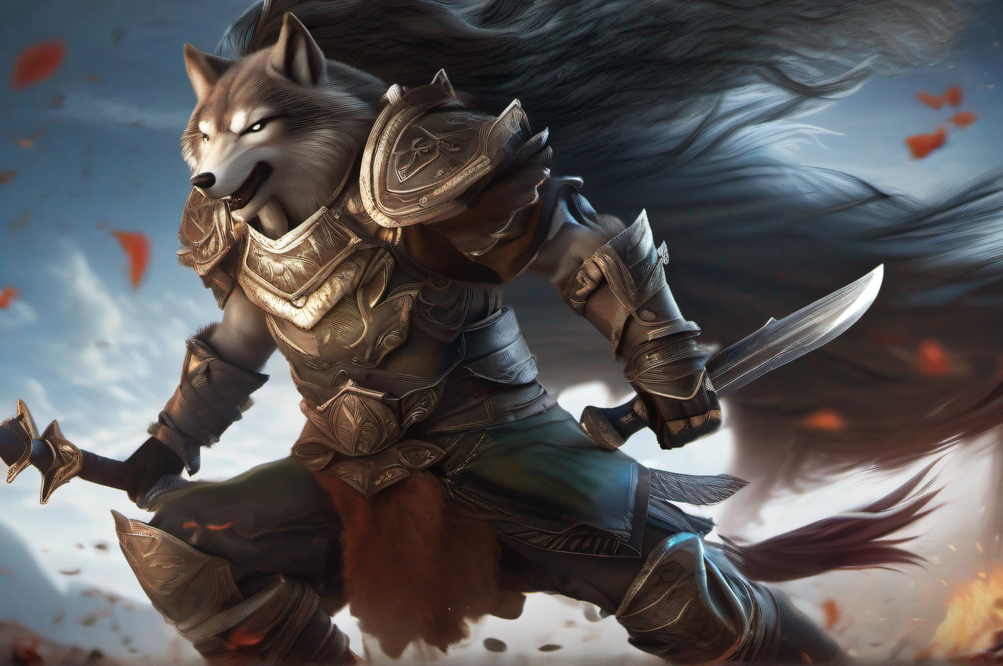 "Wolf warrior and the moonlight, epic battle scene with intense action, stunning details and high quality CG, dynamic poses, dynamic lighting, and dramatic atmosphere. Show the fierce determination in the warrior's eyes and the strength in their stance. Capture the power of nature with a backdrop of a vast forest, moonlit sky, and swirling leaves. Emphasize the warrior's fearless spirit with weathered armor, a fearless expression, and a prominent weapon. Create a sense of danger and adventure with dynamic composition and immersive depth of field. Ultimate masterpiece with high resolution textures and intricate detailing."