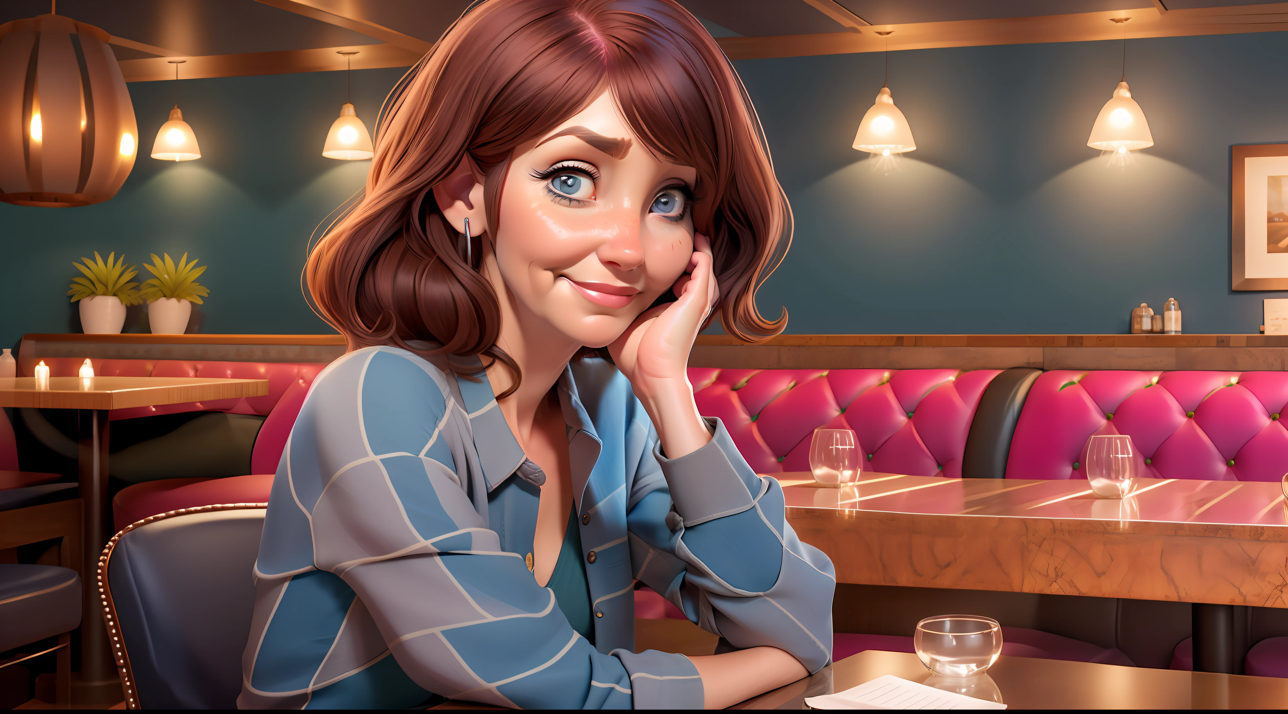 Image of Kari Byron, 60 years old, with nasolabial folds on her face:1.4), (wrinkled skin, frown lines on eyes and forehead), cheerful look,) serene countenance, realistic skin, marked dark circles under eyes, wearing pink shirt , blue pants, (man 50 years old) sitting at a table in a restaurant covering scenery: restaurant, natural light, night, frontal image
