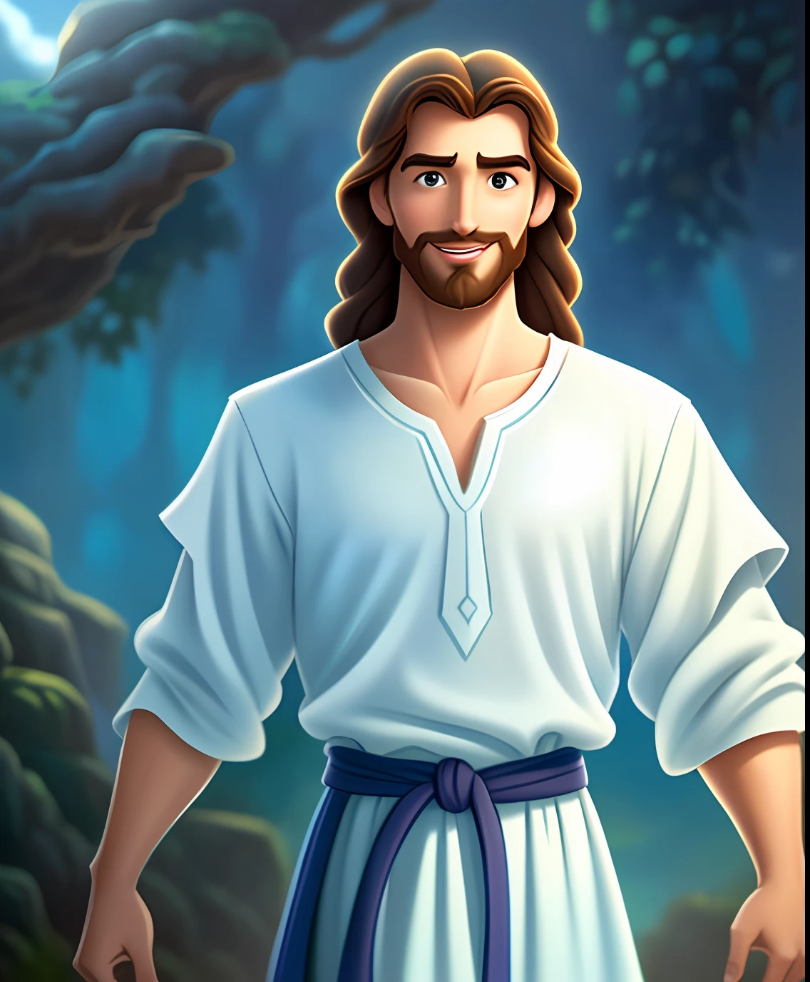 Original art quality, full body picture, Disney character animation style, young and handsome Jesus God, standing posture, hands naturally placed on both sides, looking ahead, gentle expression and smiling, eyes full of light, background light blue, translucent, with light as the theme, the focus of light is on the characters, the overall picture is fresh and bright.