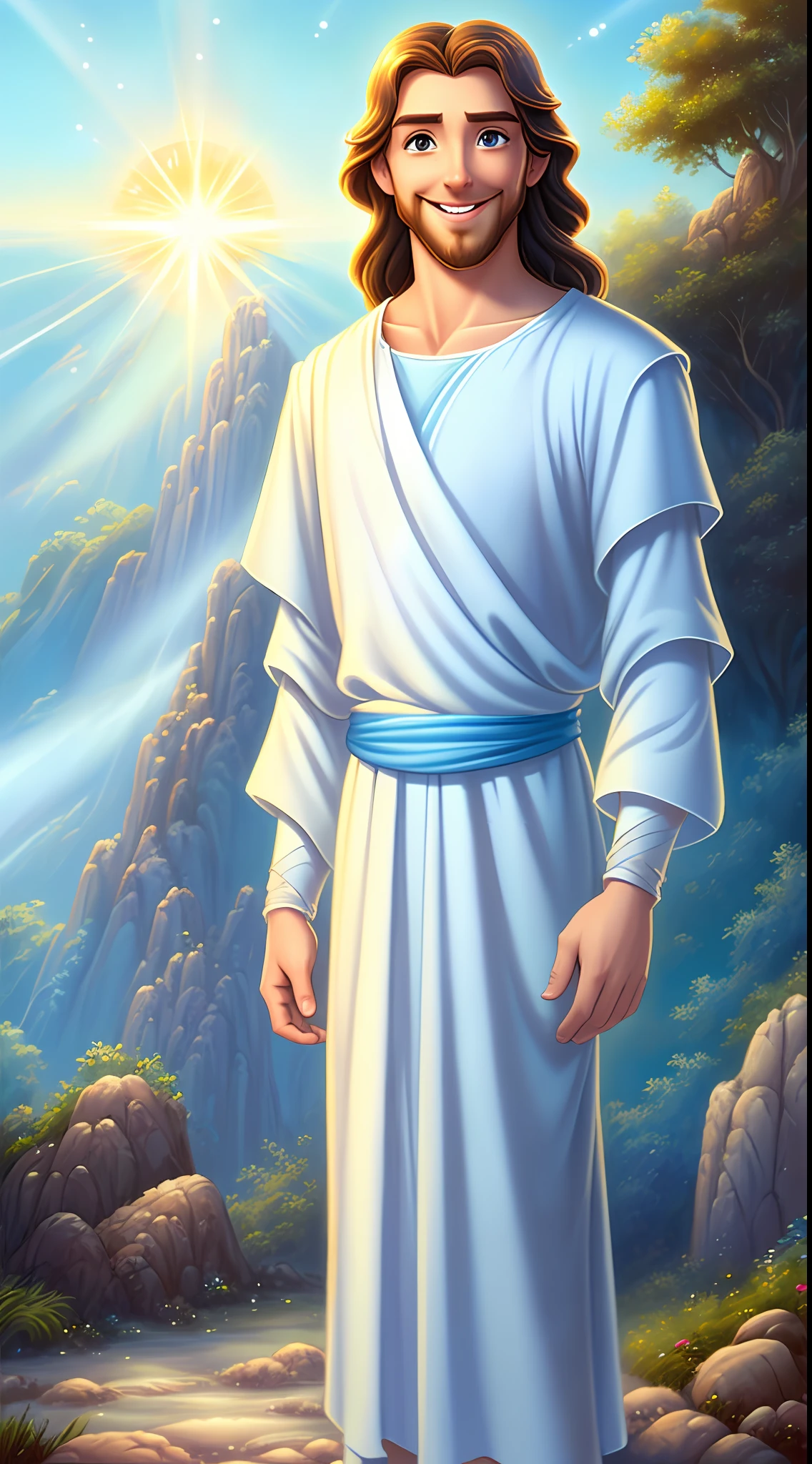 Original art quality, full body picture, Disney character animation style, young and handsome Jesus God, standing posture, hands naturally placed on both sides, looking ahead, gentle expression and smiling, eyes full of light, background light blue, translucent, with light as the theme, the focus of light is on the characters, the overall picture is fresh and bright.