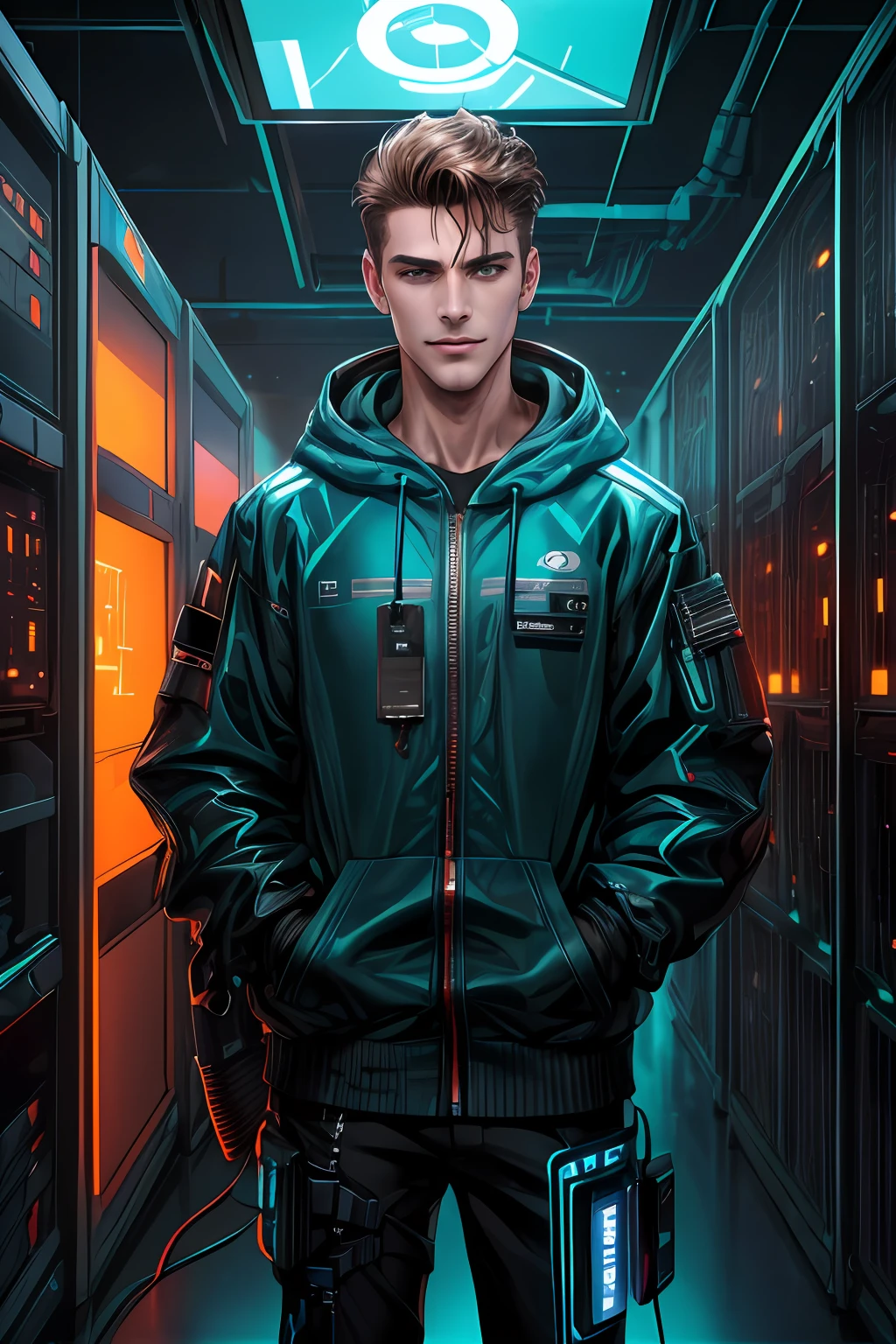 (Absurdres, Intricate Details, Masterpiece, Best Quality, High Resolution, 8k), 1 male, swedish, mature, aged up, handsome, finely detailed eyes and face, brown quiff hair, teal eyes, looking at viewer, solo, (full body:0.6), detailed background, detailed face, (CircuitBoardAI, electronic theme:1.1) evil high-tech futuristic hacker, smirk, advanced technology, hoodie, techwear,  keycard, cables,   (holographic display:1.05), error message,  computer, password, server room in background, orange lights, cyber-warfare, dark sinister atmosphere,  Depth of Field, VFX.