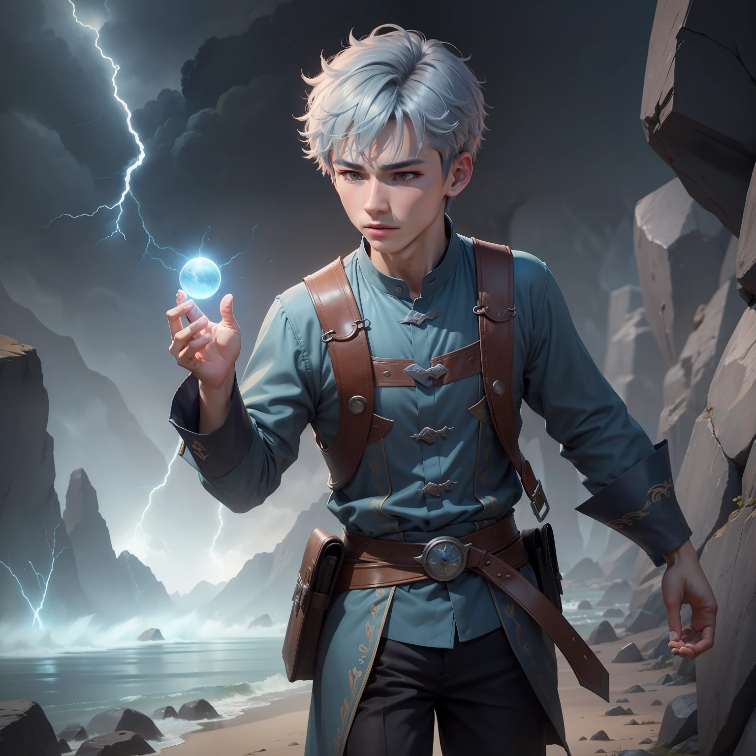 The animations are rich in detail，This is a high-quality 8K masterpiece。18-year-old boy，Gray-blue hair，short detailed hair，Short stature，Always be silent，Love small animals，Use thunder magic