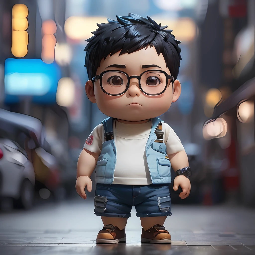 there is a toy of a boy with glasses and a vest, q posket, small character. unreal engine 5, pixar doll deep focus, kenny wong x pop mart, 3d character realistic, pixar cute character design, cute 3 d render, style as nendoroid, artwork in the style of guweiz, cute pixar character, pixar weta portrait