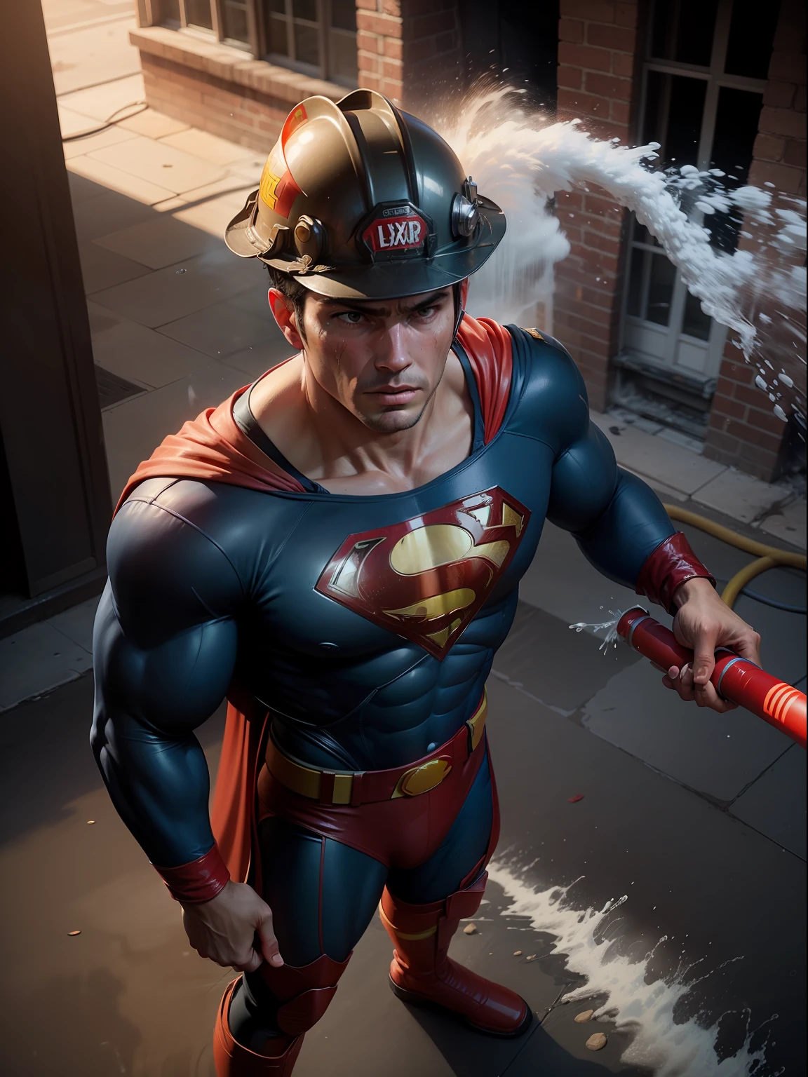 A Dramatic superman as firefighter wearing firefighter uniform, jacket and helmet, pulled a big water hose, helping people take care of fire in the building, cinematic, extreem realistic, extreem detailed, extreem Sharp, full body shot