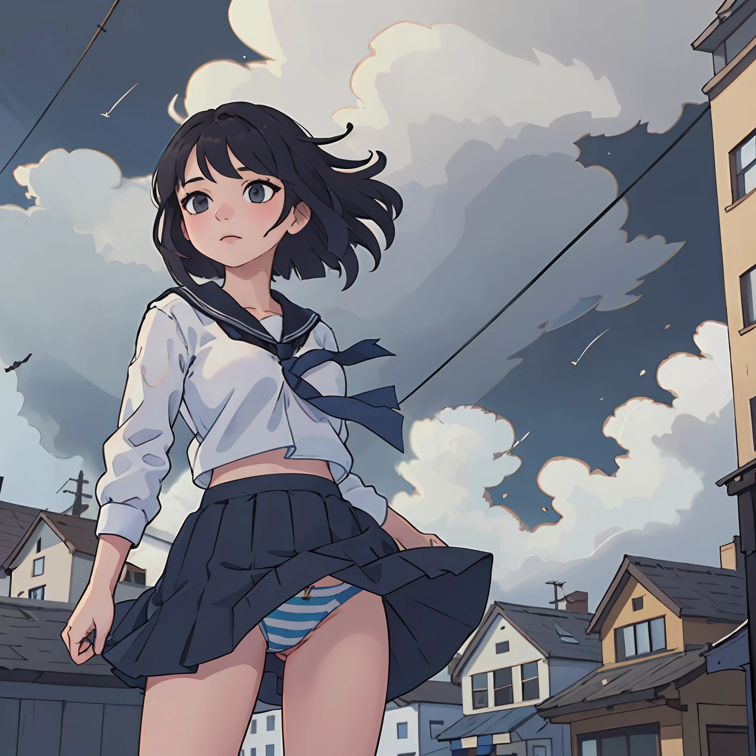 masterpiece:1.2, best quality), (highly detailed:1.3), 1girl, from below, solo, school uniform, sky, cloud, black hair, wind lifting skirt, striped panties, skirt, sailor collar, looking at viewer, long hair, building, stormy clouds, blue sky, power lines, shirt, cityscape, scenery, city, , closed mouth, black skirt, medium hair, WindyUpskirt