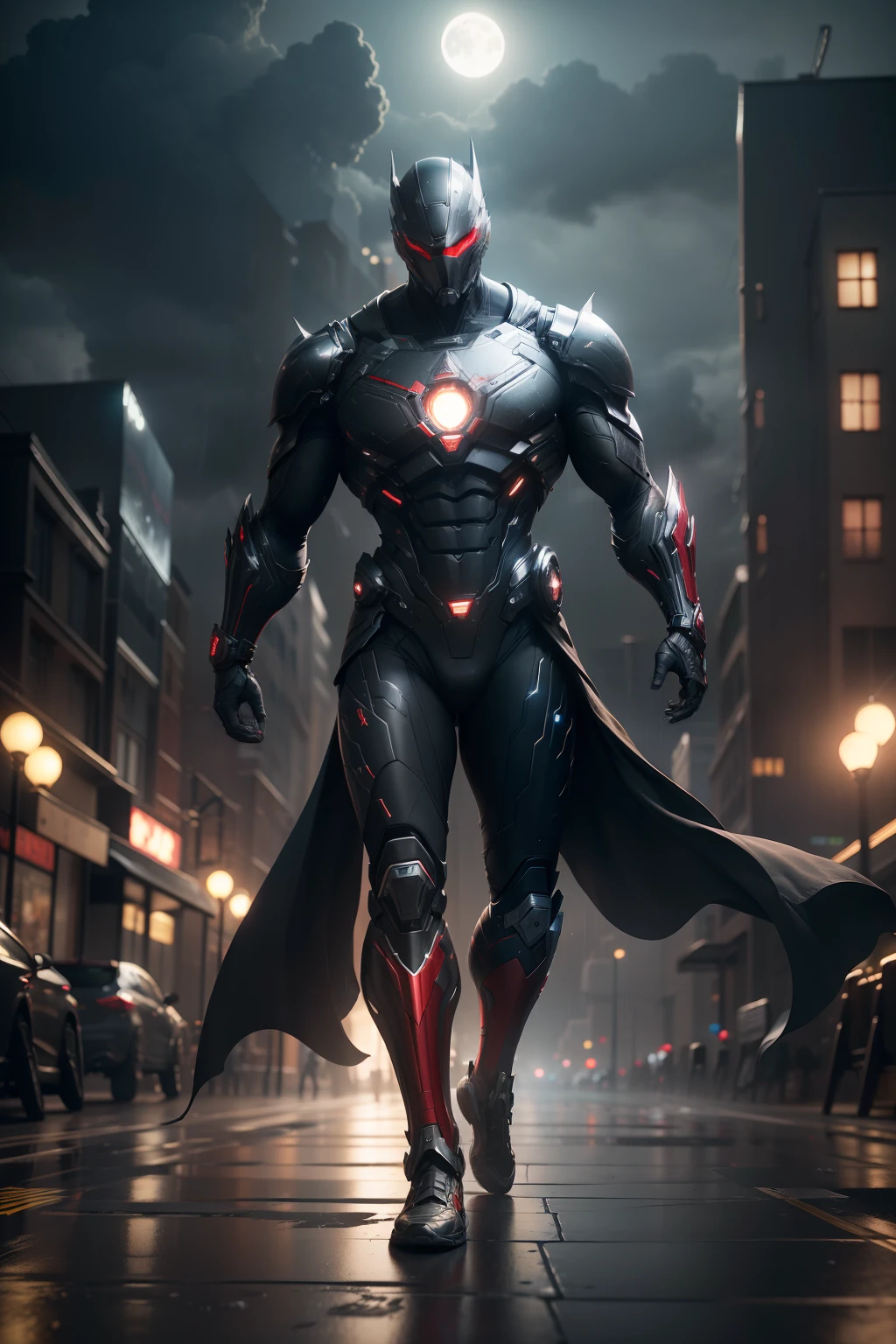 Superman, WARFRAME, intricate pattern, heavy metal, energy lines, faceless, glowing eyes, elegant, intense, blood red and black uniform, solo, modern, city, streets, dark clouds, thunderstorm, heavy rain, dramatic lighting, (masterpiece:1.2), best quality, high resolution, beautiful detailed, extremely detailed, perfect lighting,(full body, (dynamic pose), action pose), (rim lighting, studio lighting, distant moon light, night, bloom), (cinematic, best quality, masterpiece, ultra HD textures, highly detailed, hyper realistic, intricate detail, 8k, photorealistic, concept art, matte painting, autodesk maya, vray render, ray tracing, hdr), (dslr, full frame, 16mm focal length, f/8 aperture, dynamic perspective, dynamic angle, golden ratio, wide photography, wide field of view, deep depth of field, zoom out) techwear, urbansamurai 3d, realistic cyborg in a cyberhelmet head