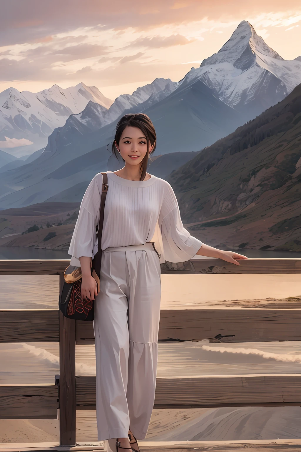 there is a woman standing on a bridge with her bag, in style of thawan duchanee, in a scenic background, nivanh chanthara, with mountains in the background, portait image, taken with canon 8 0 d, taken with canon eos 5 d mark iv, dressed with long fluent clothes, wearing elegant casual clothes, with mountains in background, smile