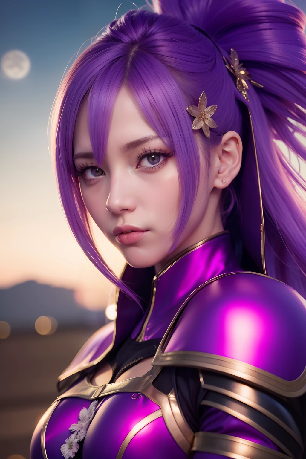 realistic, 1girl, white hair, purple eyes, glowing eyes, crop top, skirt, parted lips, blush, night, flowers, sun, sunlight,