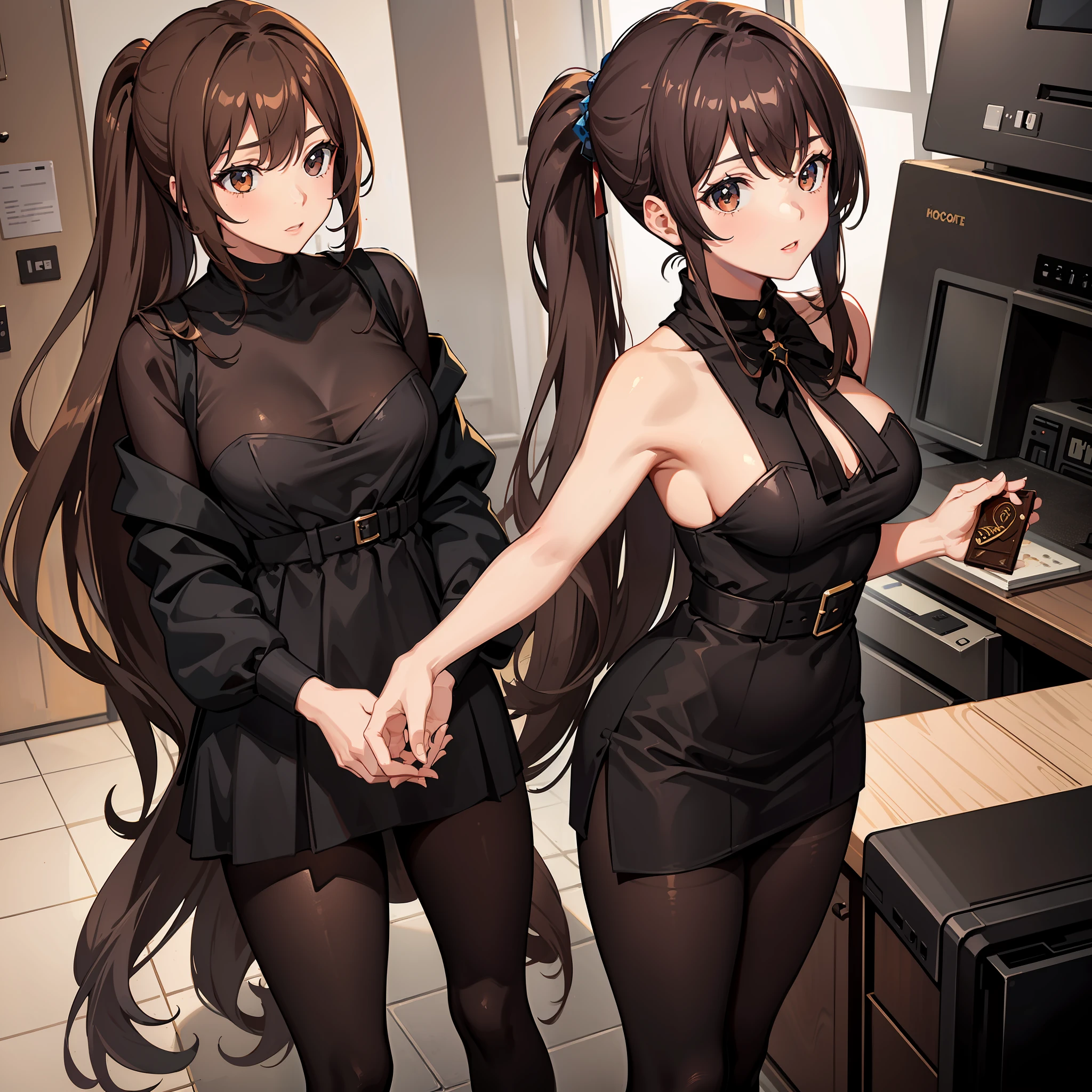 Masterpiece, Best quality, A high resolution, A high school girl wears a long ponytail,Chocolate colored hair,Wearing black and brown tights,Enchanting figure,Medium breasts
