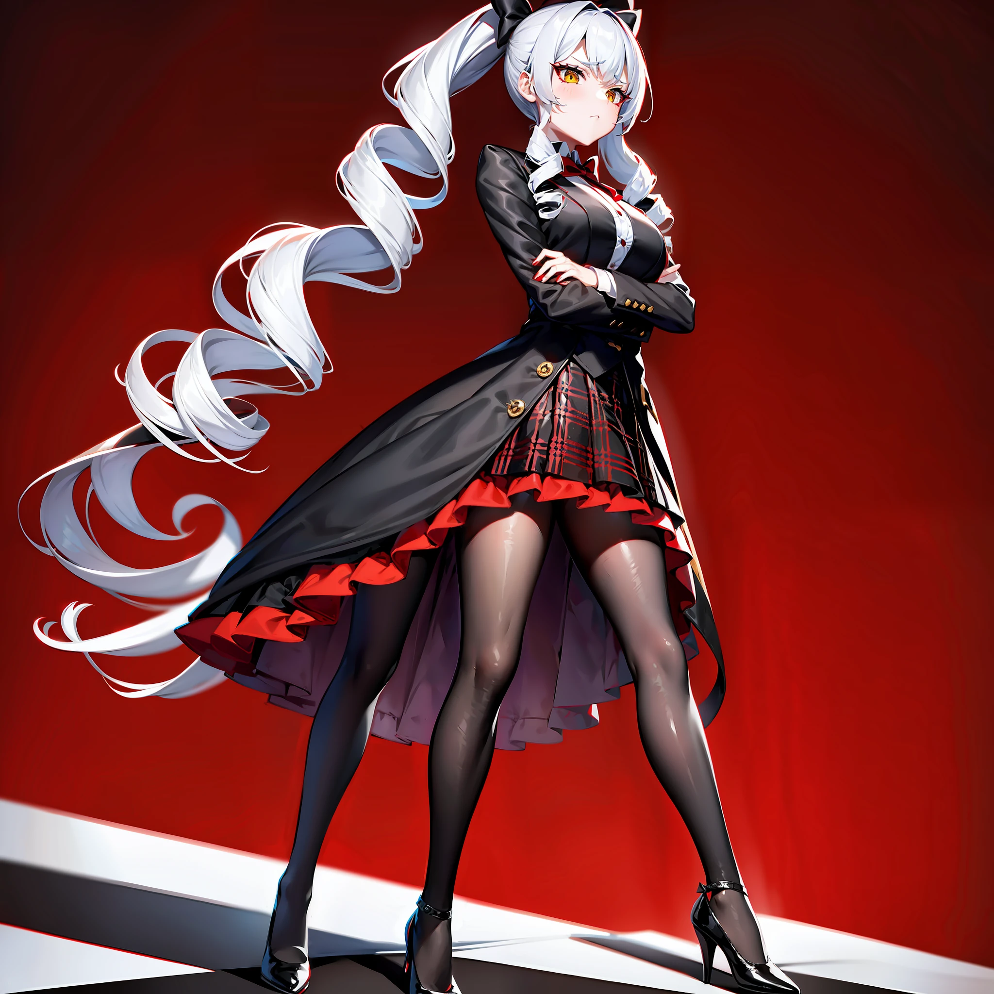 Red high collar shirt, black tie with gold clasp, black corset, gray and white checkered square skirt, black leggings, cinnamon flat low heel shoes, crossed arms, yellow long hair, hairstyle, curls, drills, hairpin red bow , anger, high detail, attention to detail of clothing, anime,
