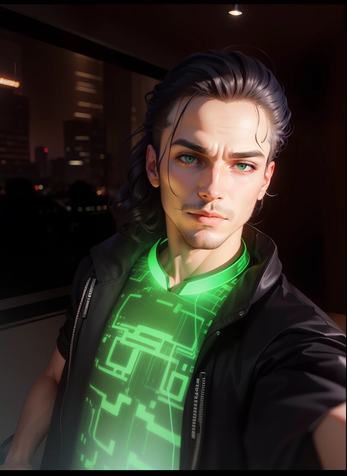 Homem forte em capuzado como hacker usando mascara de led cibernetica com cabelo arrepiado faixa branca no cabelo olhando  e acenando como adeus para camera posicionada e o garoto no fundo luz led da cidade cibernetica cyber punk