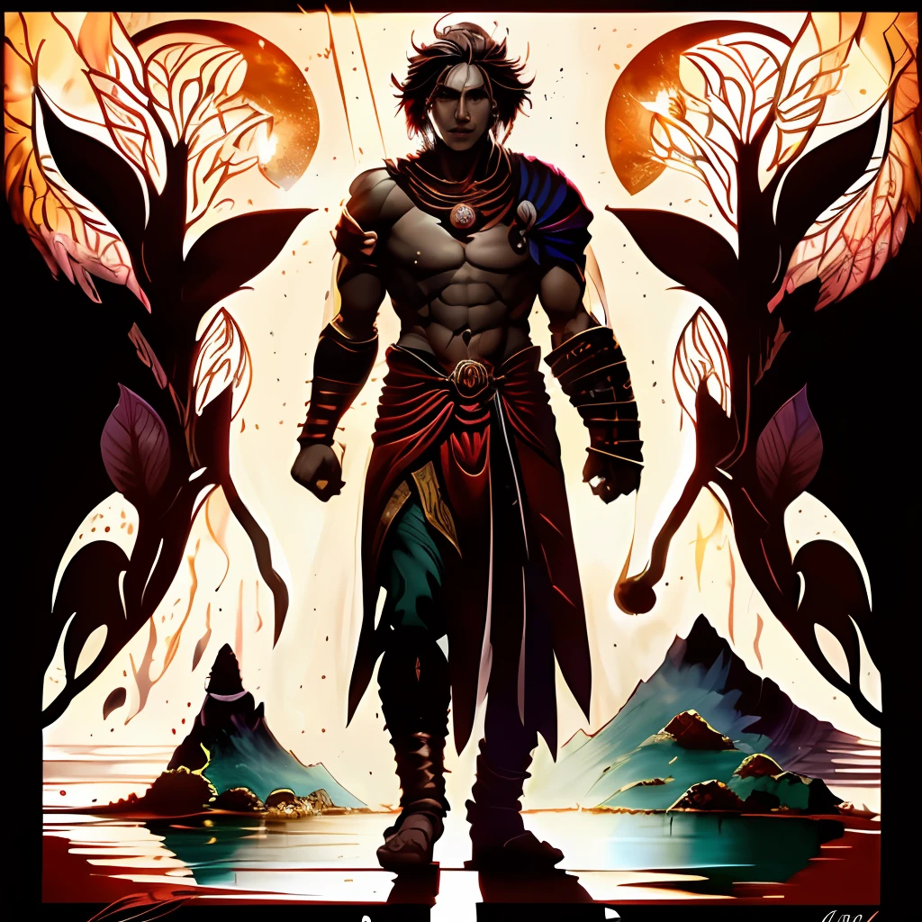 uma imagem de um homem fantasiado em frente a uma pintura, Symmetrical snk Orochi portrait, epic full color illustration, deus da luz, Cardeacismo , full art illustration, estilo games de luta, Jen Bartel, Estilo fantasia Graphic Novel, d&d arte do personagem dark sun,Agora mesmo, Seja primordial, god of physical nature
