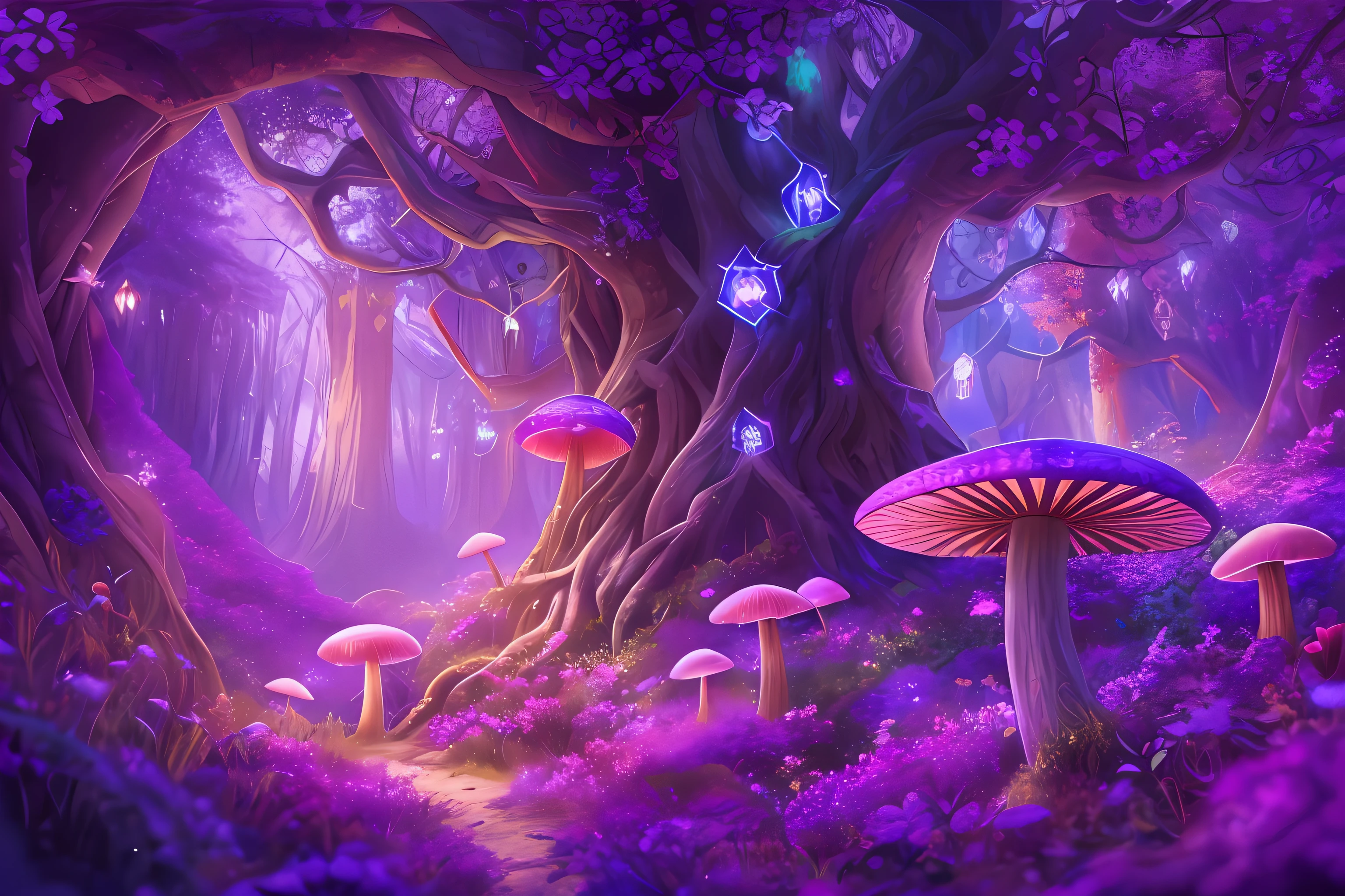 masterpiece, best quality, high quality,extremely detailed CG unity 8k wallpaper, An enchanting and dreamy scene of a fantasy forest, with towering trees, glowing mushrooms, and hidden fairy glens, creating a sense of mystique and enchantment, artstation, digital illustration, intricate, trending, pastel colors, oil paiting, award winning photography, Bokeh, Depth of Field, HDR, bloom, Chromatic Aberration ,Photorealistic,extremely detailed, trending on artstation, trending on CGsociety, Intricate, High Detail, dramatic, art by midjourney