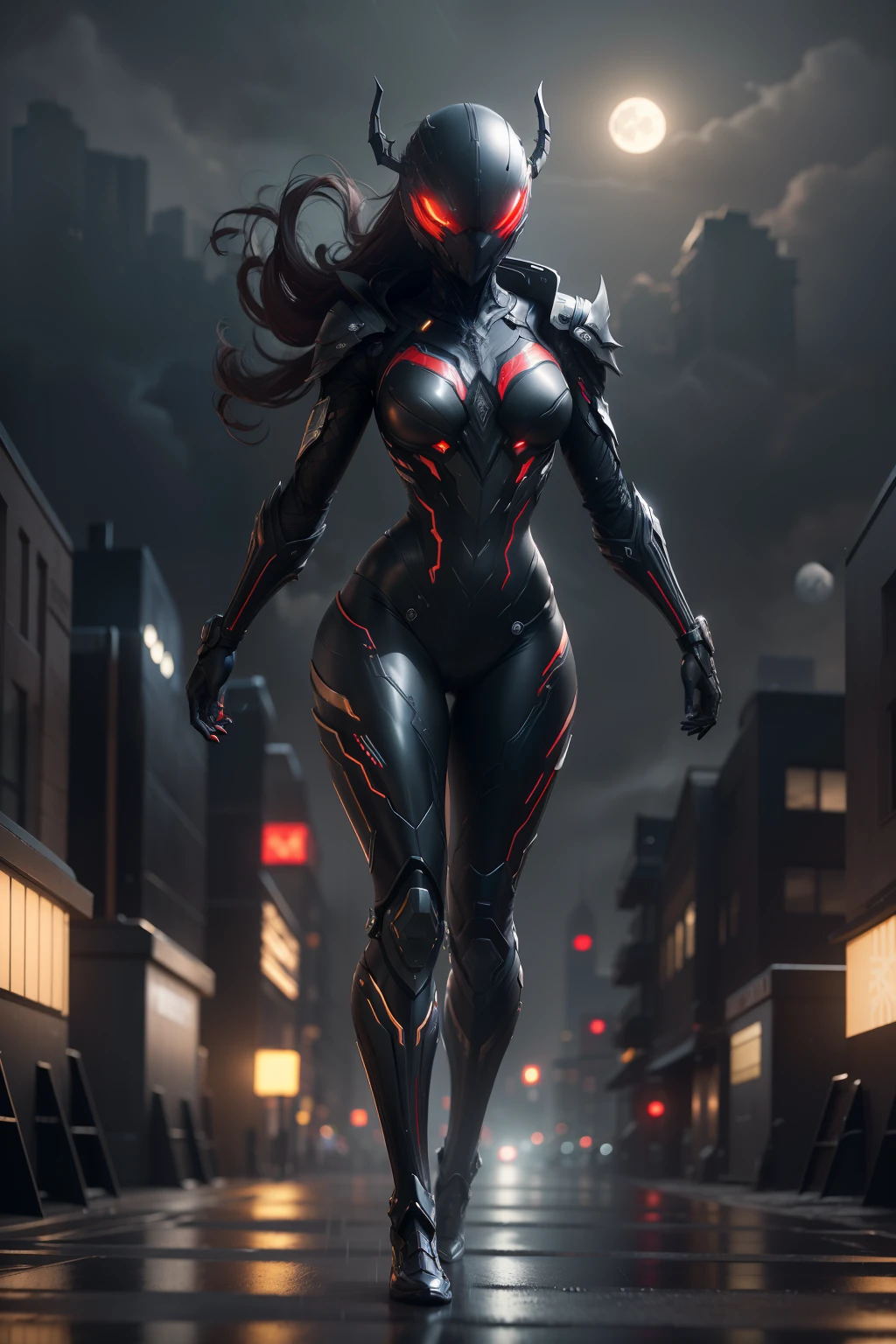 Venom, WARFRAME, intricate pattern, heavy metal, energy lines, faceless, glowing eyes, elegant, intense, blood red and black uniform, solo, modern, city, streets, dark clouds, thunderstorm, heavy rain, dramatic lighting, (masterpiece:1.2), best quality, high resolution, beautiful detailed, extremely detailed, perfect lighting,(full body, (dynamic pose), action pose), (rim lighting, studio lighting, distant moon light, night, bloom), (cinematic, best quality, masterpiece, ultra HD textures, highly detailed, hyper realistic, intricate detail, 8k, photorealistic, concept art, matte painting, autodesk maya, vray render, ray tracing, hdr), (dslr, full frame, 16mm focal length, f/8 aperture, dynamic perspective, dynamic angle, golden ratio, wide photography, wide field of view, deep depth of field, zoom out) techwear, urbansamurai 3d, realistic cyborg in a cyberhelmet head