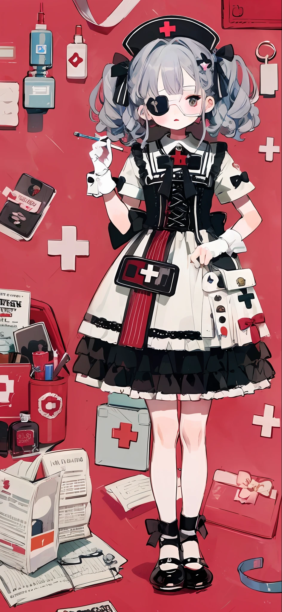 ta prostitute,Gorgeous dress,mitts,curlies,very intricate,Exquisite,shift dresses,Bow knot,frilld,ribbon,bandagens,Nurse style,Huge syringe,pill,Red Cross,Y2K,E-girls,Unilateral eye patch,Love decoration,subculture,Sick,bloods,laughingly,Avant-garde and innovative clothing design
