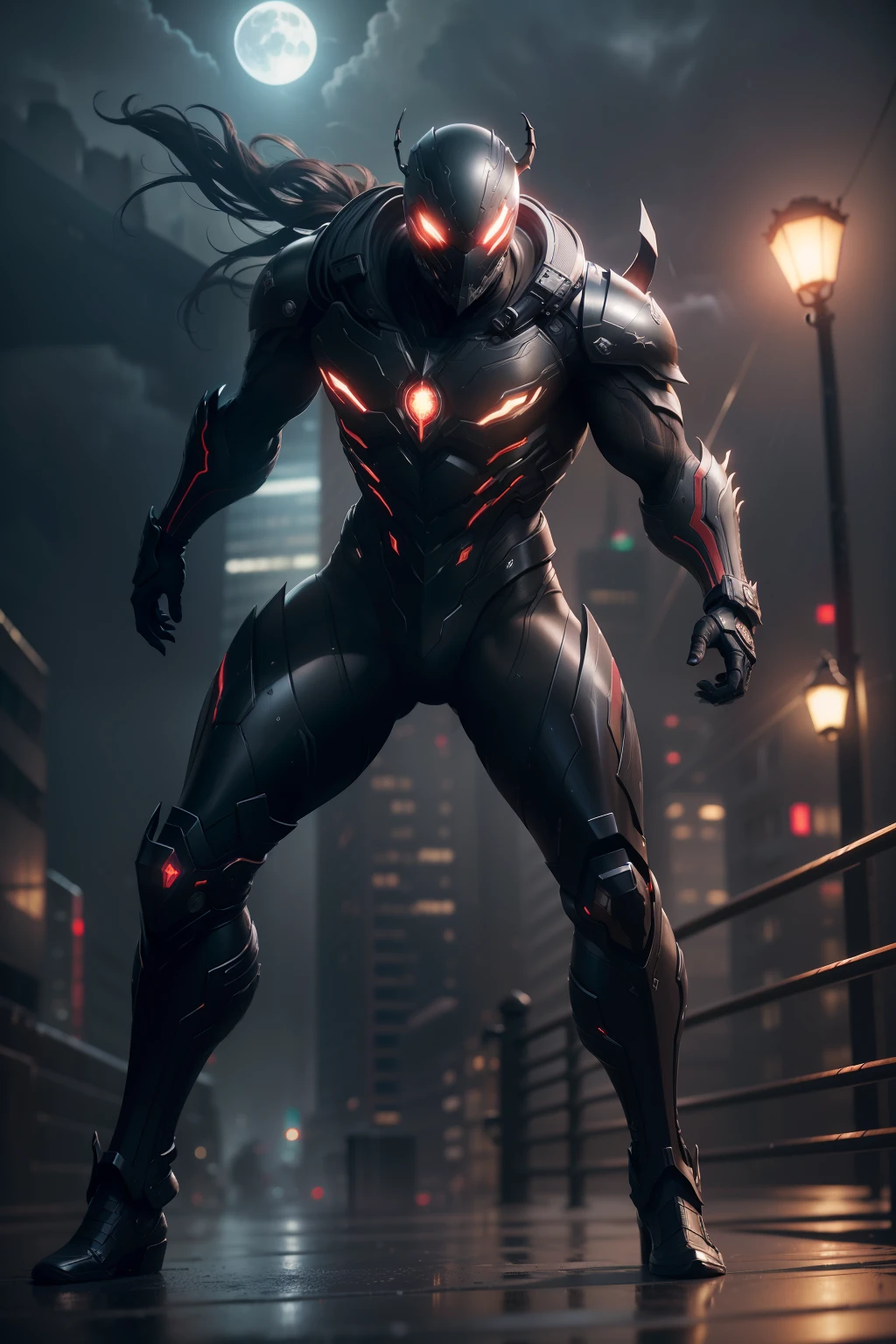 Venom, WARFRAME, intricate pattern, heavy metal, energy lines, faceless, glowing eyes, elegant, intense, blood red and black uniform, solo, modern, city, streets, dark clouds, thunderstorm, heavy rain, dramatic lighting, (masterpiece:1.2), best quality, high resolution, beautiful detailed, extremely detailed, perfect lighting,(full body, (dynamic pose), action pose), (rim lighting, studio lighting, distant moon light, night, bloom), (cinematic, best quality, masterpiece, ultra HD textures, highly detailed, hyper realistic, intricate detail, 8k, photorealistic, concept art, matte painting, autodesk maya, vray render, ray tracing, hdr), (dslr, full frame, 16mm focal length, f/8 aperture, dynamic perspective, dynamic angle, golden ratio, wide photography, wide field of view, deep depth of field, zoom out) techwear, urbansamurai 3d, realistic cyborg in a cyberhelmet head