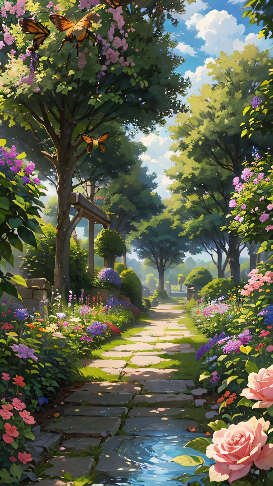 Masterpiece, best quality, no humans, castle garden, trees, summer, flowers, bushes, roses, clouds, sky, stone path, big tree, bees, butterflies, hyperrealistic, detailed background, depth of field, rimlighting, specular highlights, bloom, atmospheric lighting