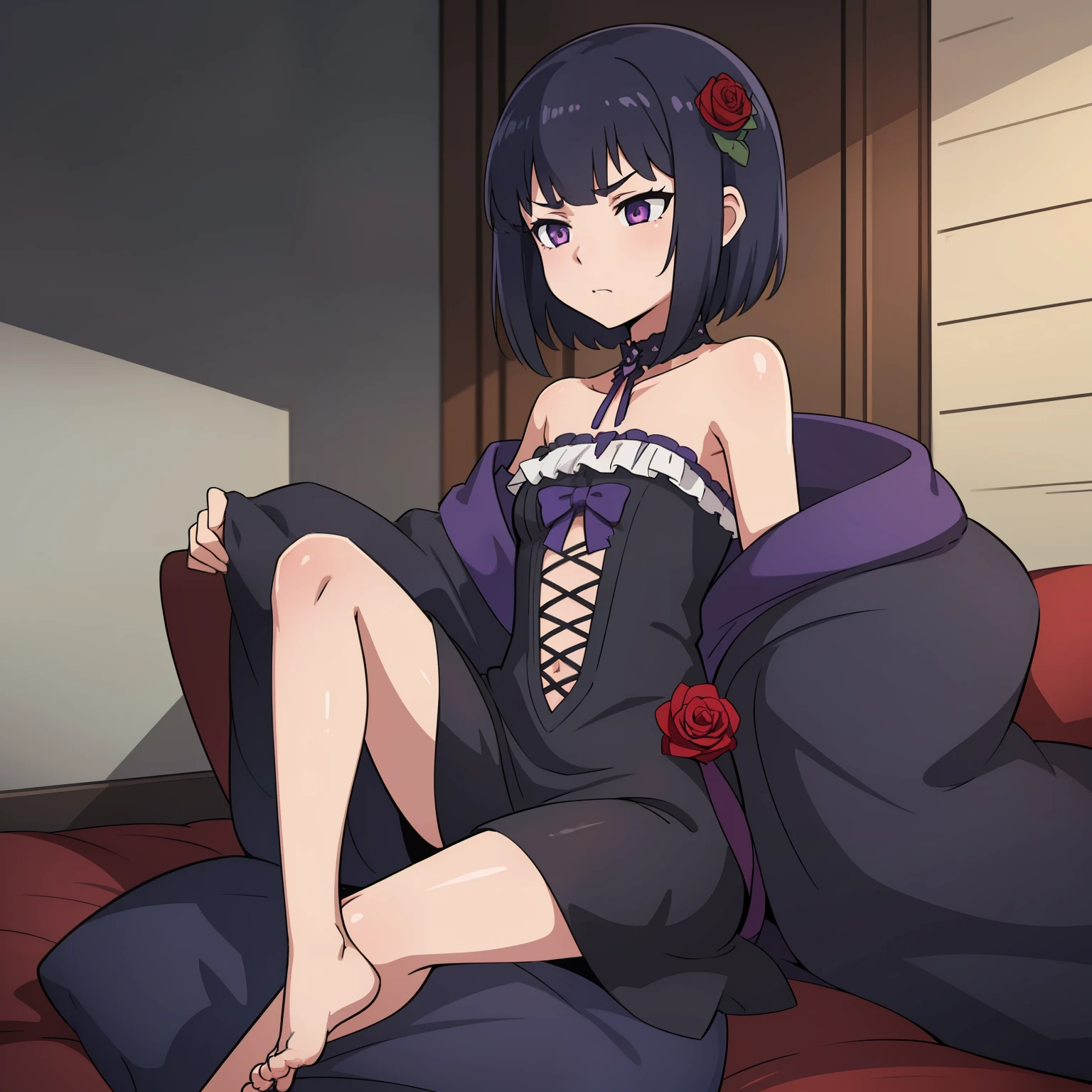 (1 girl) Dark short shoulder-length hair, Emotionless face, quiet look. Small purple rose in hair, dark purple eyes, bare feet, Dark gothic outfit.