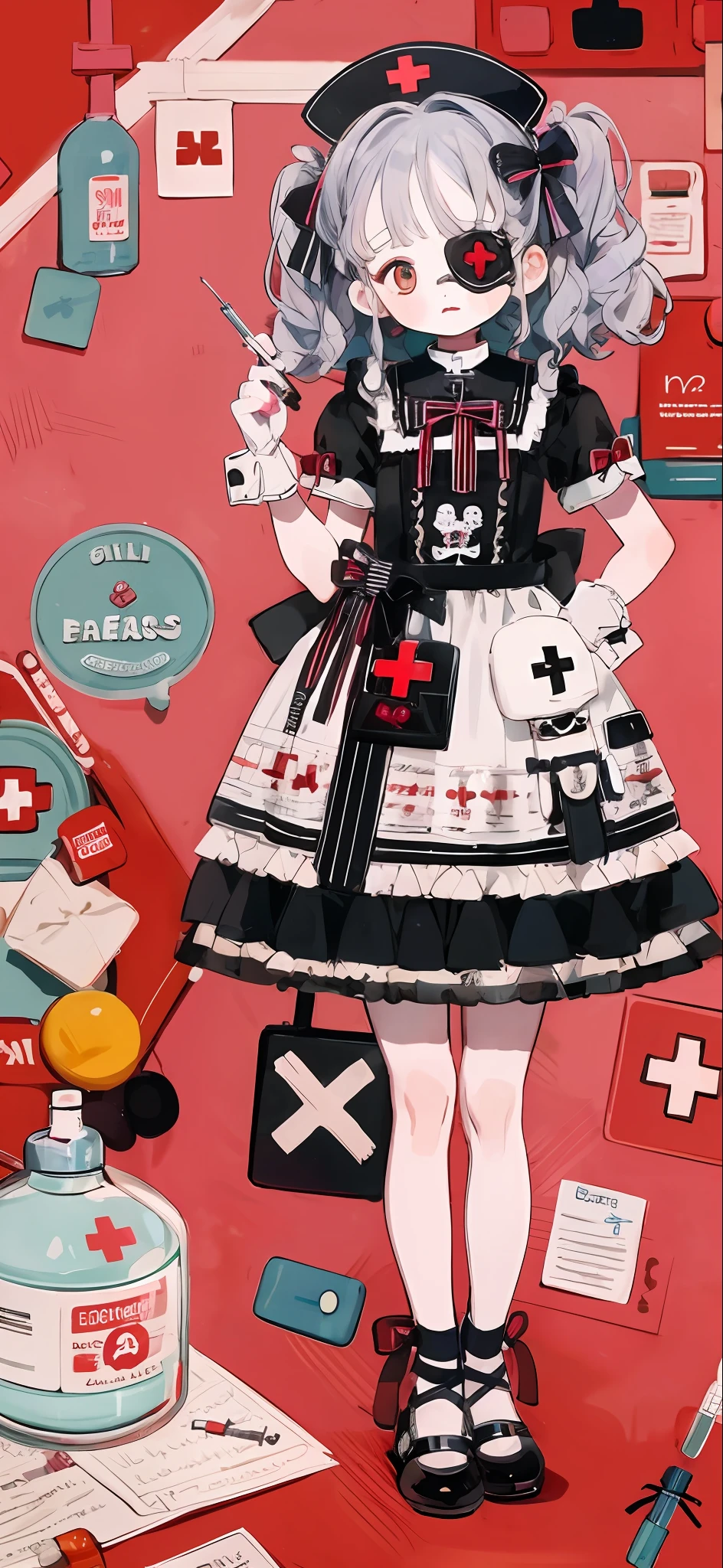 Lolita prostitute,Gorgeous dress,mitts,curlies,very intricate,Exquisite,shift dresses,Bow knot,frilld,ribbon,bandagens,Nurse style,Huge syringe,pill,Red Cross,Y2K,E-girls,Unilateral eye patch,Love decoration,subculture,Sick,bloods,laughingly,Avant-garde and innovative clothing design