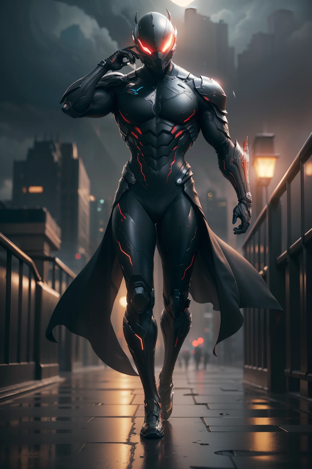 Venom, WARFRAME, intricate pattern, heavy metal, energy lines, faceless, glowing eyes, elegant, intense, blood red and black uniform, solo, modern, city, streets, dark clouds, thunderstorm, heavy rain, dramatic lighting, (masterpiece:1.2), best quality, high resolution, beautiful detailed, extremely detailed, perfect lighting,(full body, (dynamic pose), action pose), (rim lighting, studio lighting, distant moon light, night, bloom), (cinematic, best quality, masterpiece, ultra HD textures, highly detailed, hyper realistic, intricate detail, 8k, photorealistic, concept art, matte painting, autodesk maya, vray render, ray tracing, hdr), (dslr, full frame, 16mm focal length, f/8 aperture, dynamic perspective, dynamic angle, golden ratio, wide photography, wide field of view, deep depth of field, zoom out) techwear, urbansamurai 3d, realistic cyborg in a cyberhelmet head