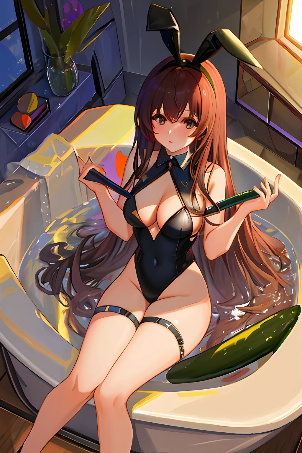 4K， tmasterpiece， A high resolution， hoang lap， realisticlying，
edgBunny，A woman in a black swimsuit poses in a bathtub，Dressed rabbit holding a long cucumber in his hand