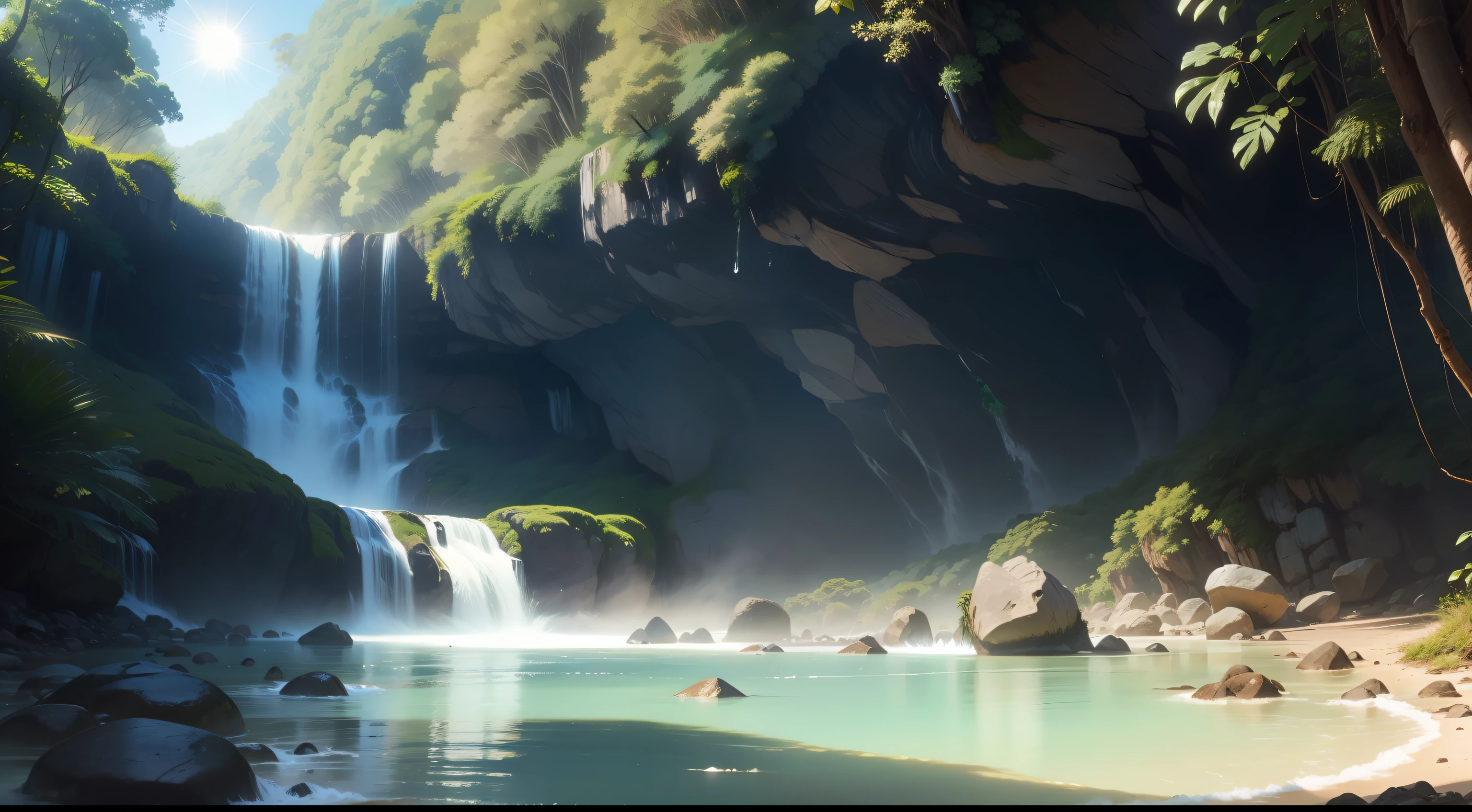 cachoeira, crystal water, real, floresta, vegetation, Midday sky with sun and no clouds, exuberante, magestoso,