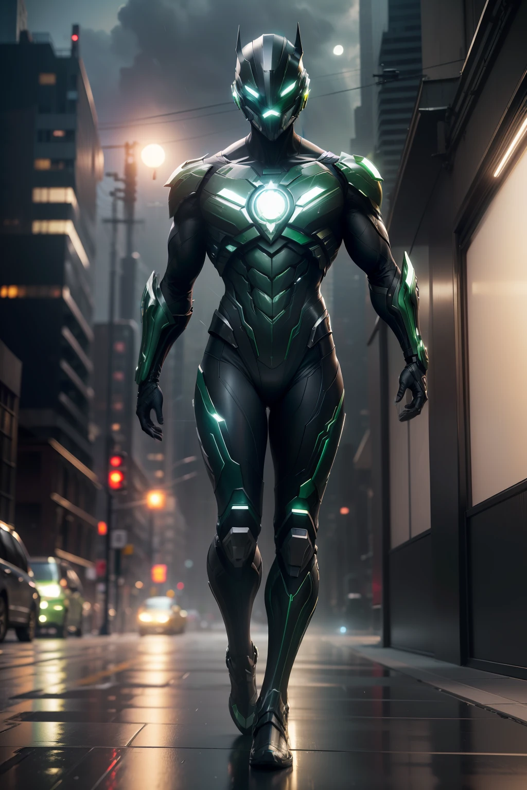 Green Lantern, WARFRAME, intricate pattern, heavy metal, energy lines, faceless, glowing eyes, elegant, intense, green black uniform, solo, modern, city, streets, dark clouds, thunderstorm, heavy rain, dramatic lighting, (masterpiece:1.2), best quality, high resolution, beautiful detailed, extremely detailed, perfect lighting,(full body, (dynamic pose), action pose), (rim lighting, studio lighting, distant moon light, night, bloom), (cinematic, best quality, masterpiece, ultra HD textures, highly detailed, hyper realistic, intricate detail, 8k, photorealistic, concept art, matte painting, autodesk maya, vray render, ray tracing, hdr), (dslr, full frame, 16mm focal length, f/8 aperture, dynamic perspective, dynamic angle, golden ratio, wide photography, wide field of view, deep depth of field, zoom out) techwear, urbansamurai 3d, realistic cyborg in a cyberhelmet head