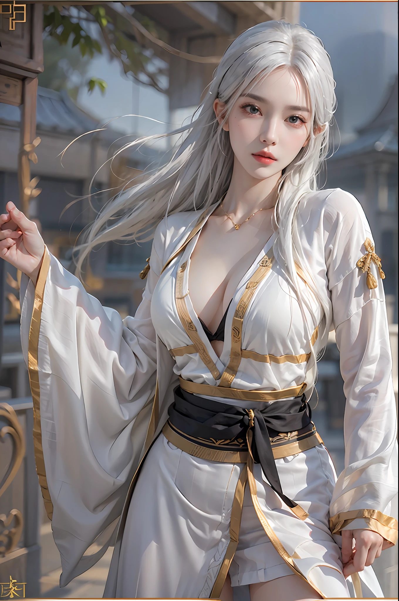 photorealistic, high resolution, 1women, solo, hips up, look at viewer, (detailed face), narrow waist, closed lips, white hair, long hair, kungfu master clothes, jewelry