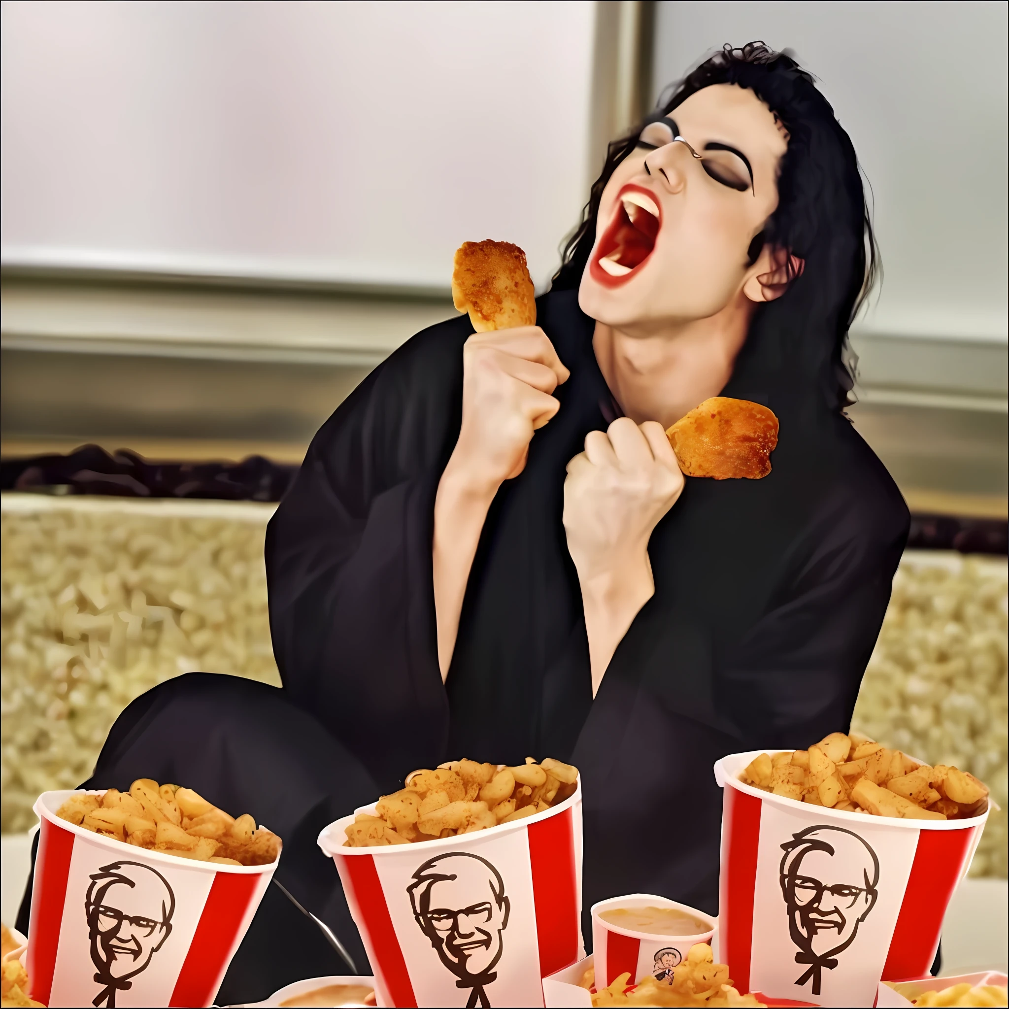 Chicken with a woman and chips with a man in a black robe, Now at McDonald's, popcorn as morpheus, Holding a bucket of KFC in his hand, kfc, Michael jackson, fastfood, Michael_jackson, with fries, kfc chicken, ❤🔥🍄🌪, Ronald MacDonald, Tommy Whiso, Inspired by Ronald Ray, fast food review