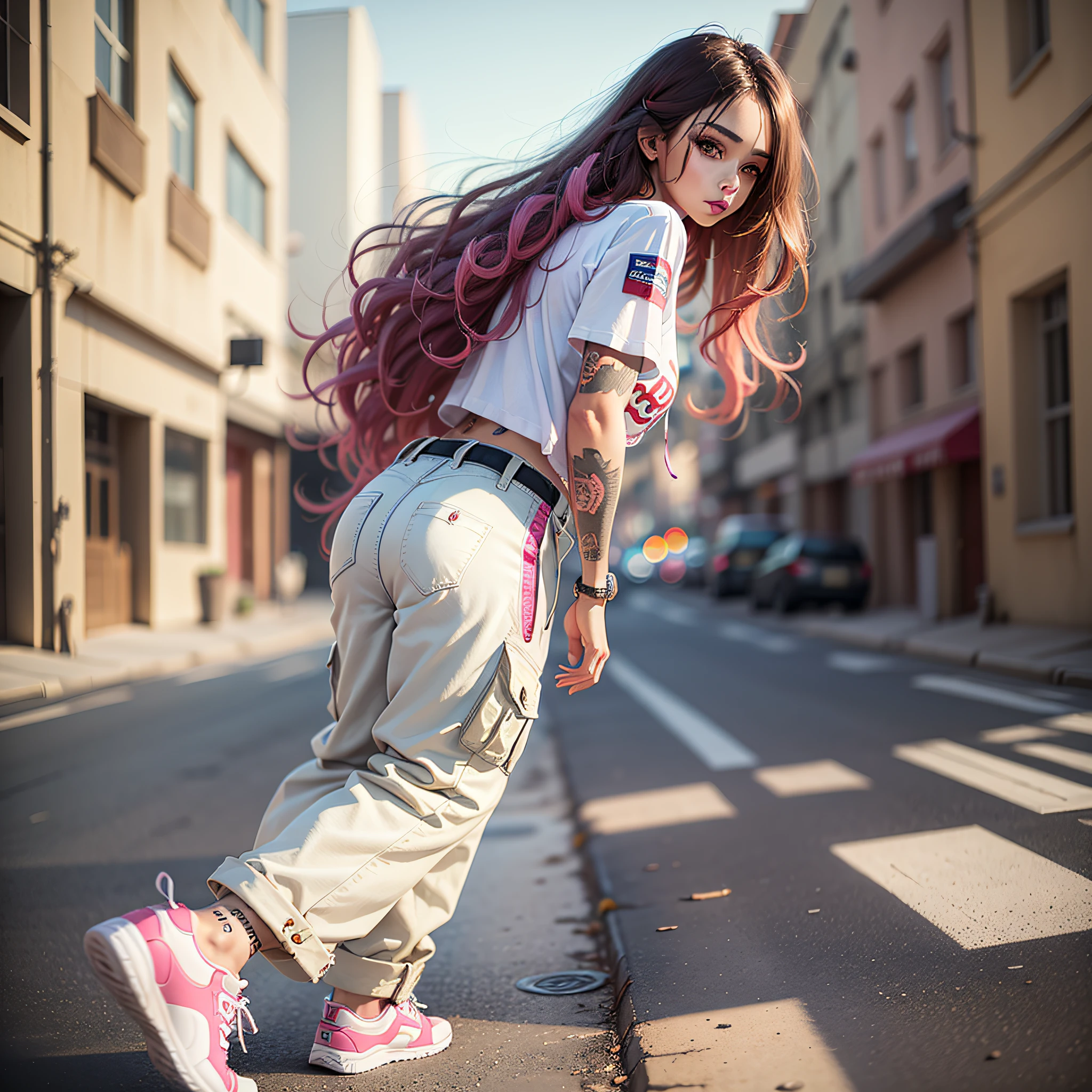 (Masterpiece:1.4),(Best Quality:1.4), ultra high definition, very detailed,
1girl, long curly hair, slanted eyes, tattoos on arm, white oversized t-shirt, white cargo pants, hot pink sneakers, ripped style clothing, walking with back to viewer, low angle, isometric perspective