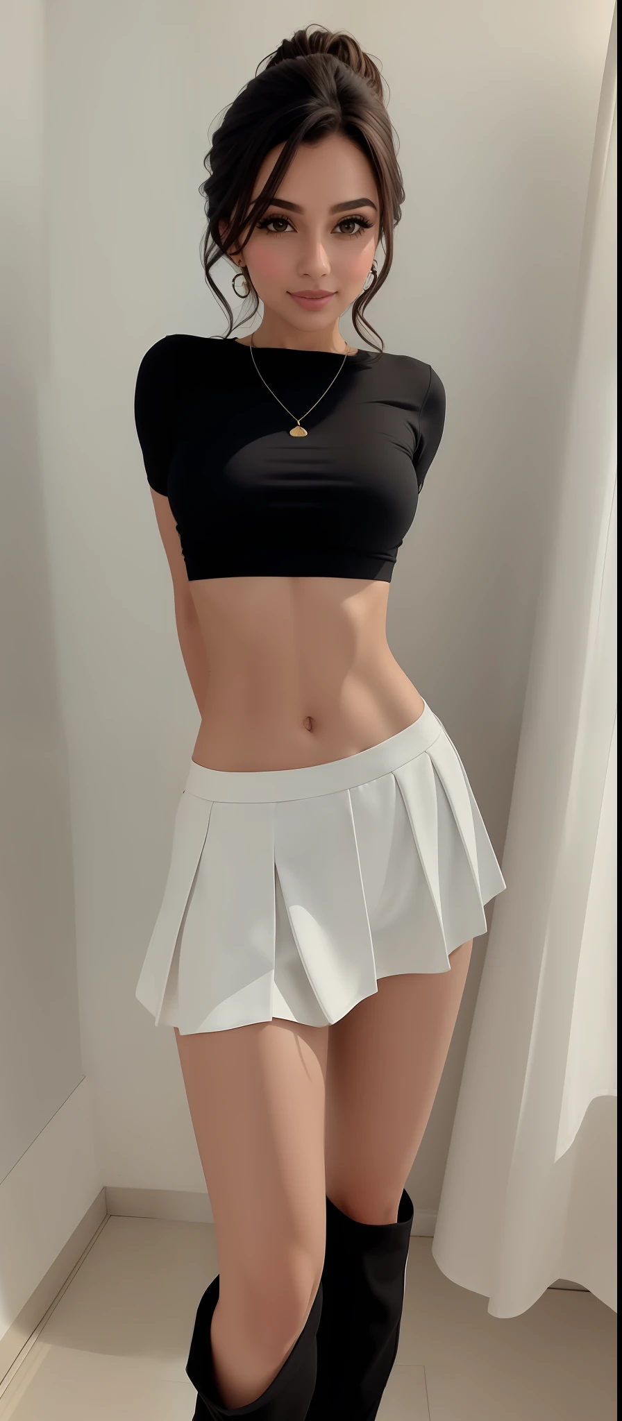 Mulher bonita na camisa preta e saia branca posando para uma foto, 2 Modelo feminina de 4 anos, her navel is exposed, cintura fina, umbigo mostrando, estilo y2k, e estilo 2K, white skirt and barechest, tinyest midriff ever, Photo adjustment, tiny waist, cintura magra e quadris grossos