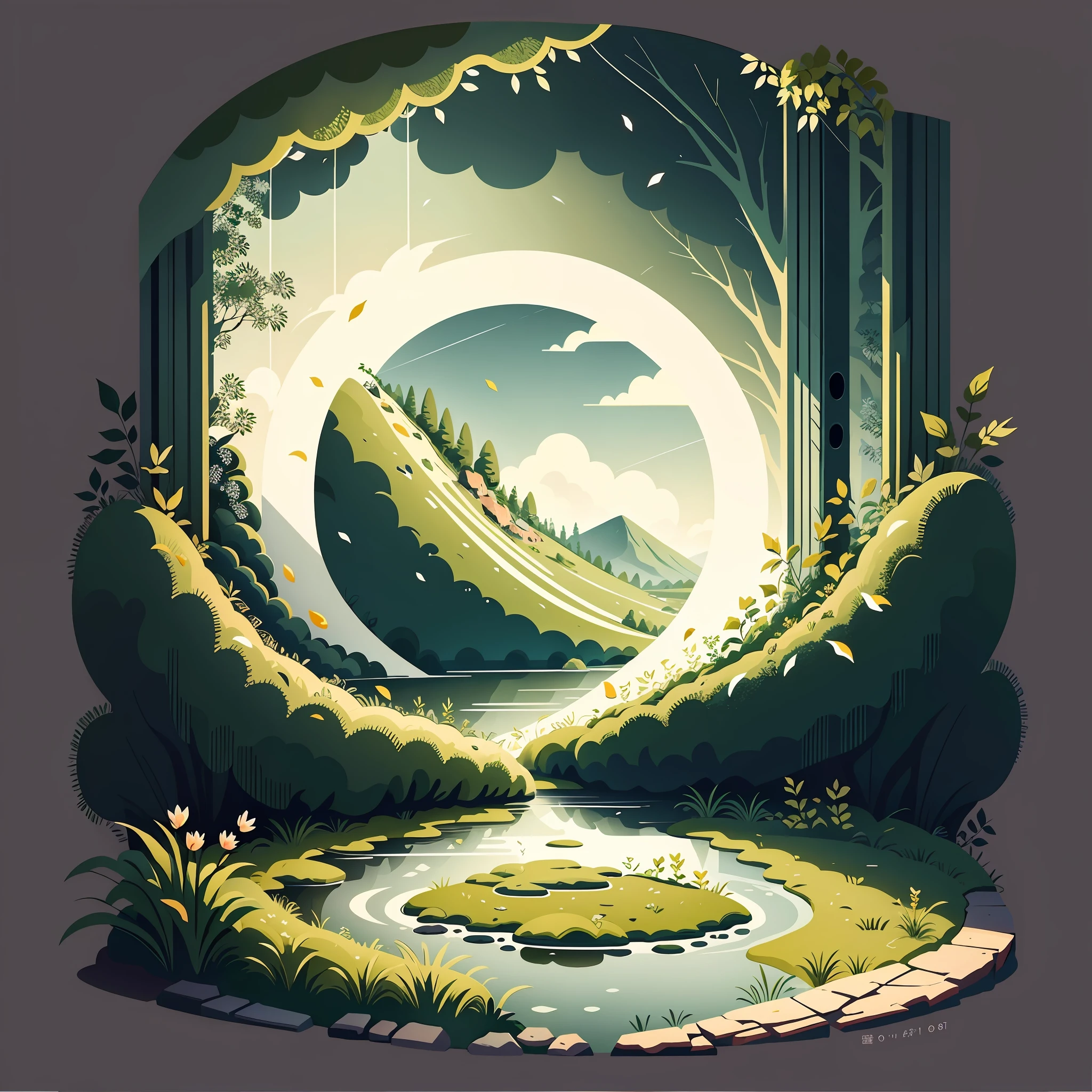 Spring:A drizzle falls on the green spring flowers,Spring thunder immediately sounded,Marking the beginning of the new year。Mobile wallpaper illustration,Nature views, Minimalist illustration, Line illustration, Colorful。Circular composition,flat illustration。
