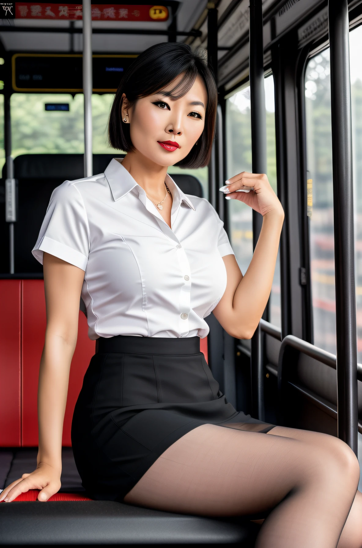RAW photo, a sexy mature asian woman looking to the camera, short hair, (white office blouse), ((black office skirt)), ((black color:1.3) stockings), high heels, (sitting opposite in a bus:1.4), (spreading legs), flirting, teasing, makeup, red lips, (high detailed skin:1.2), 8k uhd, dslr, soft lighting, high quality, film grain, Fujifilm XT3