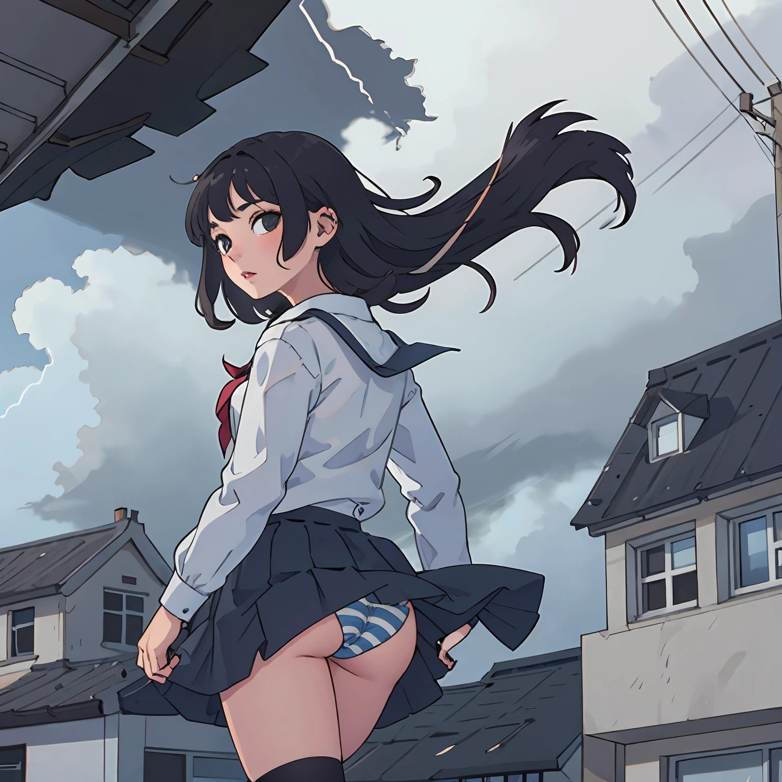 masterpiece:1.2, best quality), (highly detailed:1.3), 1girl, from below, from behind, solo, school uniform, sky, cloud, black hair, wind lifting skirt, striped panties, skirt, sailor collar, looking at viewer, long hair, building, stormy clouds, blue sky, power lines, shirt, cityscape, scenery,  city, , closed mouth, black skirt, medium hair, WindyUpskirt